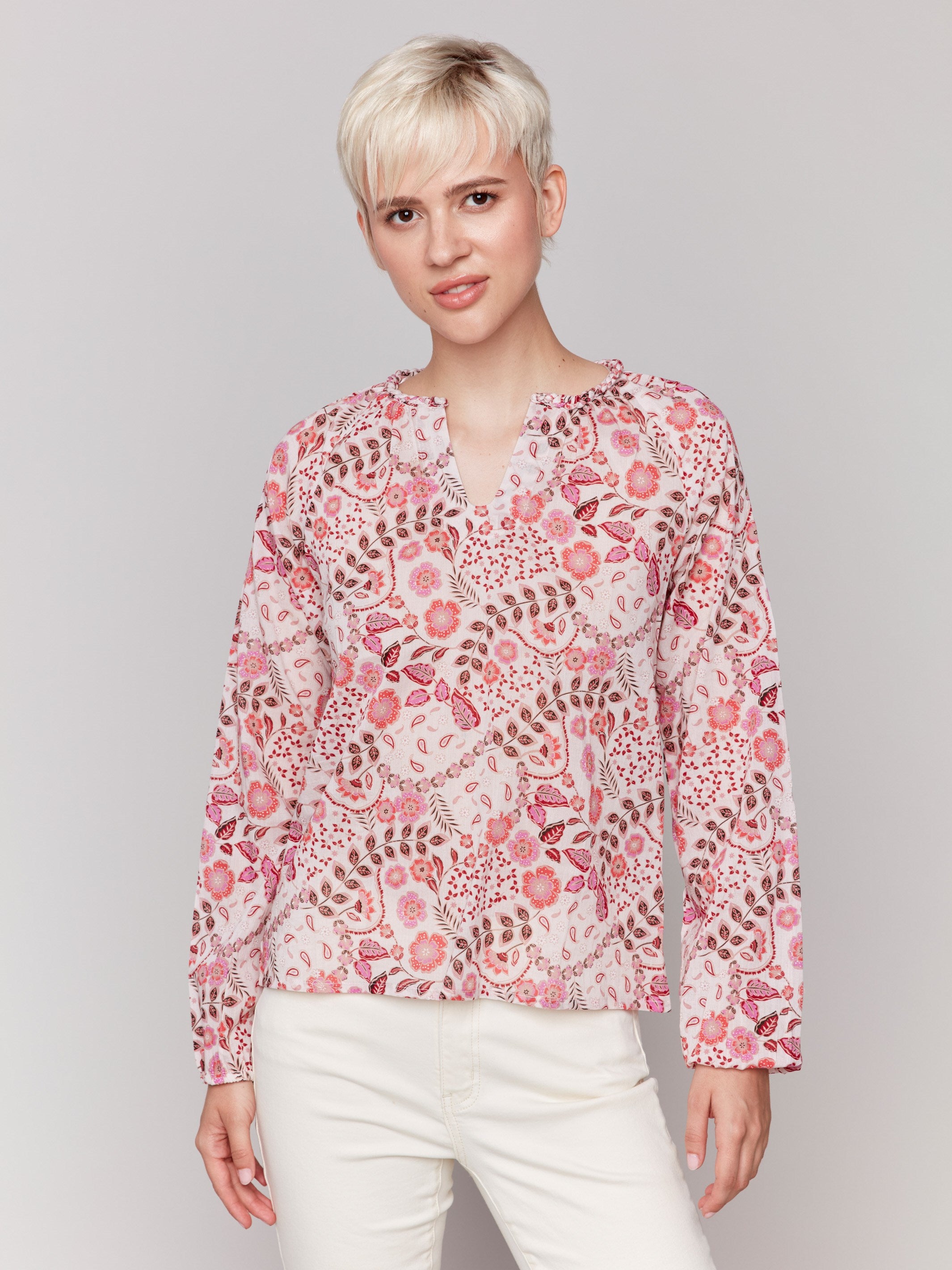 V-neck cotton blouse with ditsy print by Charlie B.