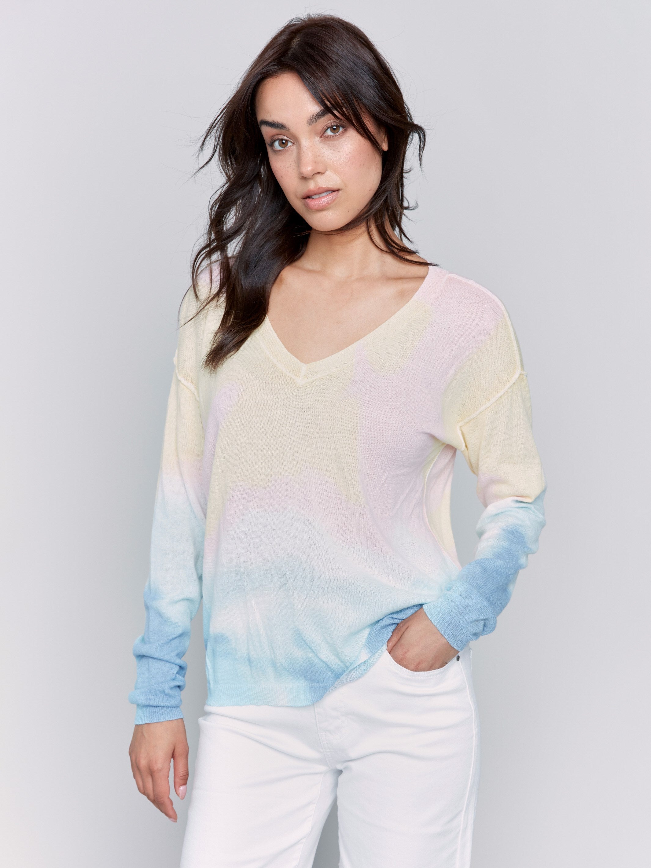 Pastel-colored V-neck cotton sweater, perfect for layering by Charlie B.