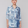 Printed crinkle chiffon georgette blouse with shirt collar and patch pockets in abstract blue bandana design by Charlie B.