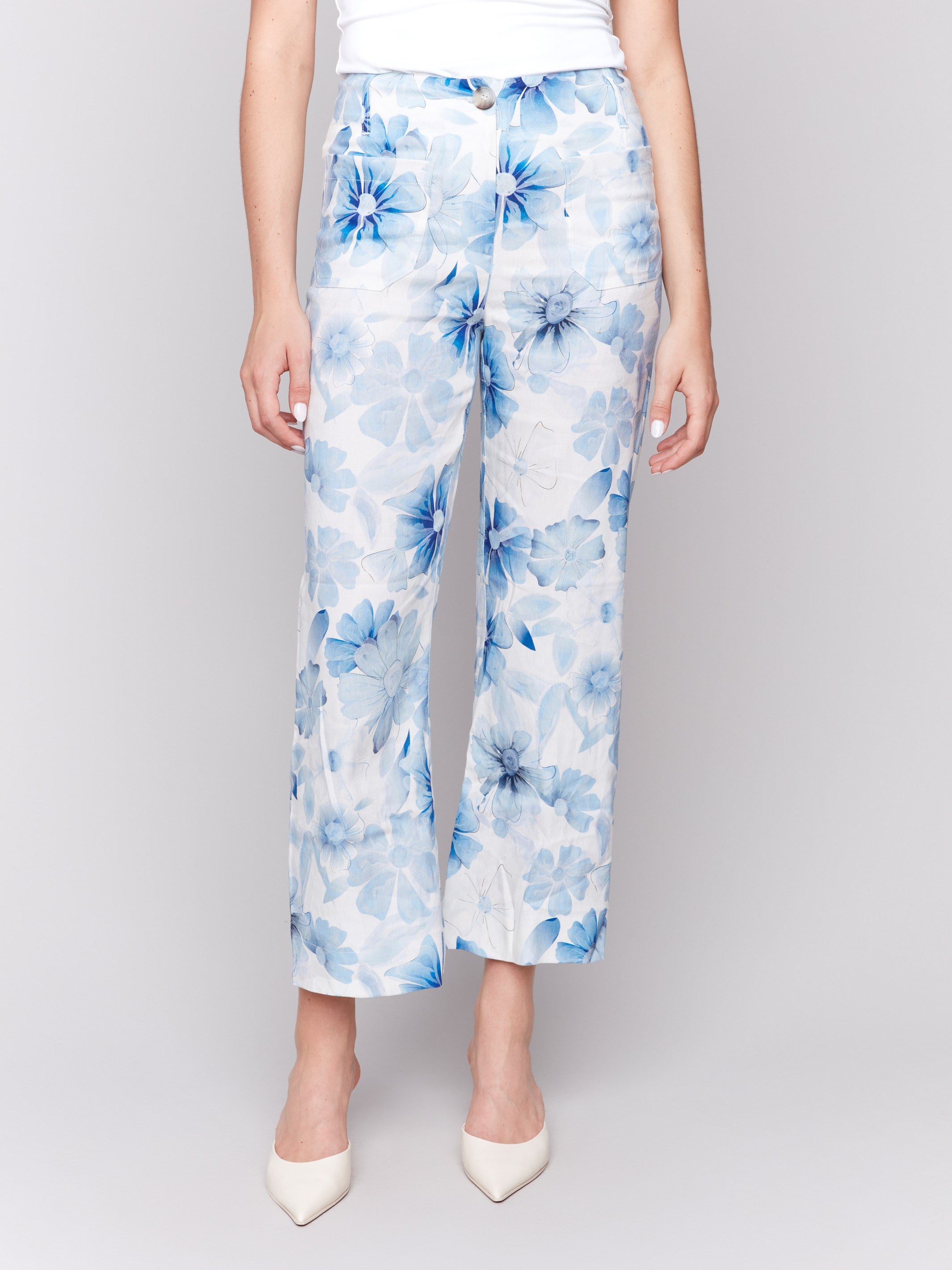 Linen blend cropped pants featuring a straight leg and floral pattern by Charlie B.