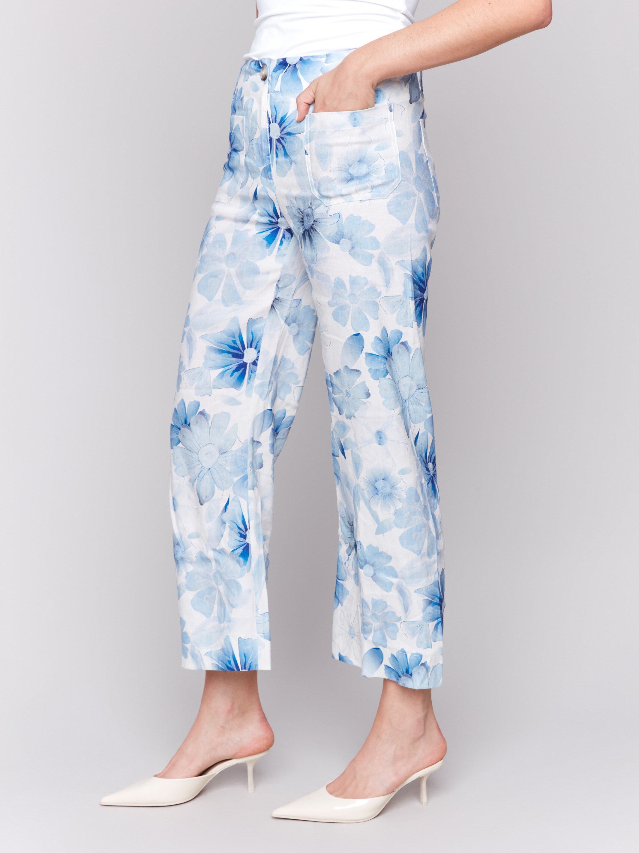 Celestial print cropped pants designed in a stretch linen blend fabric by Charlie B.