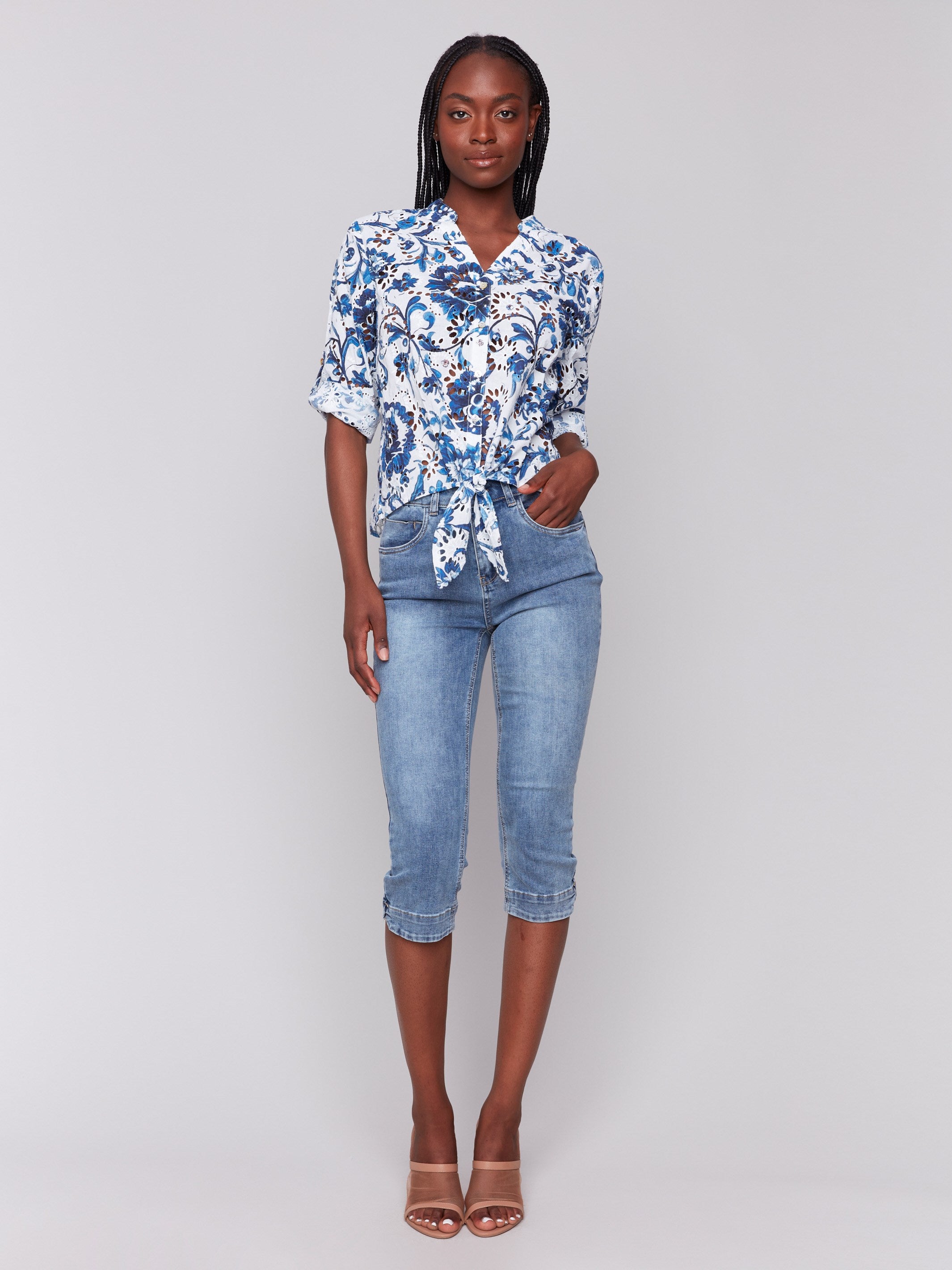 Floral eyelet blouse with 3/4 roll-up sleeves by Charlie B.