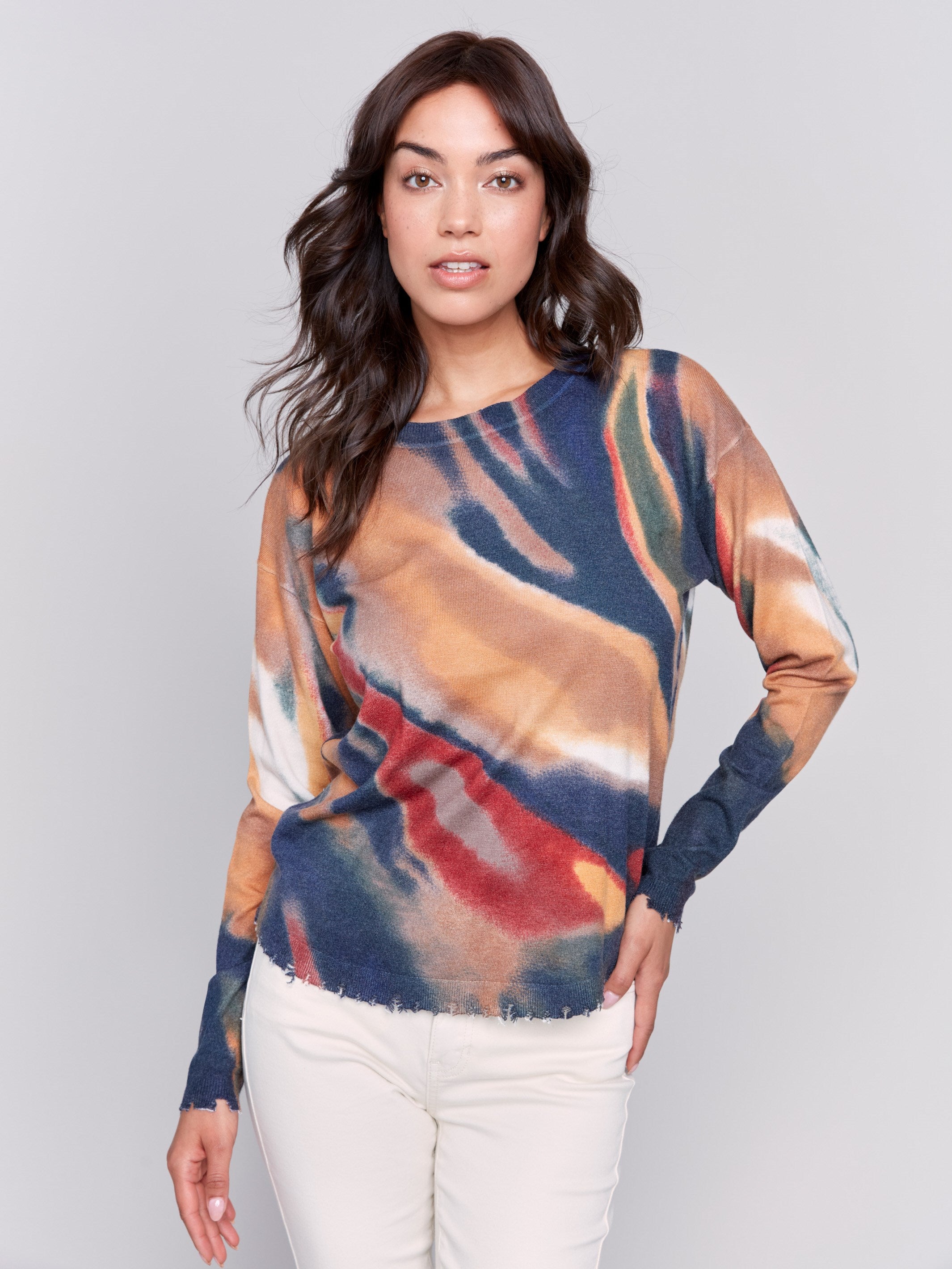 Long-sleeve tie-dye sweater in Spruce with a crew neck and frayed edge by Charlie B.