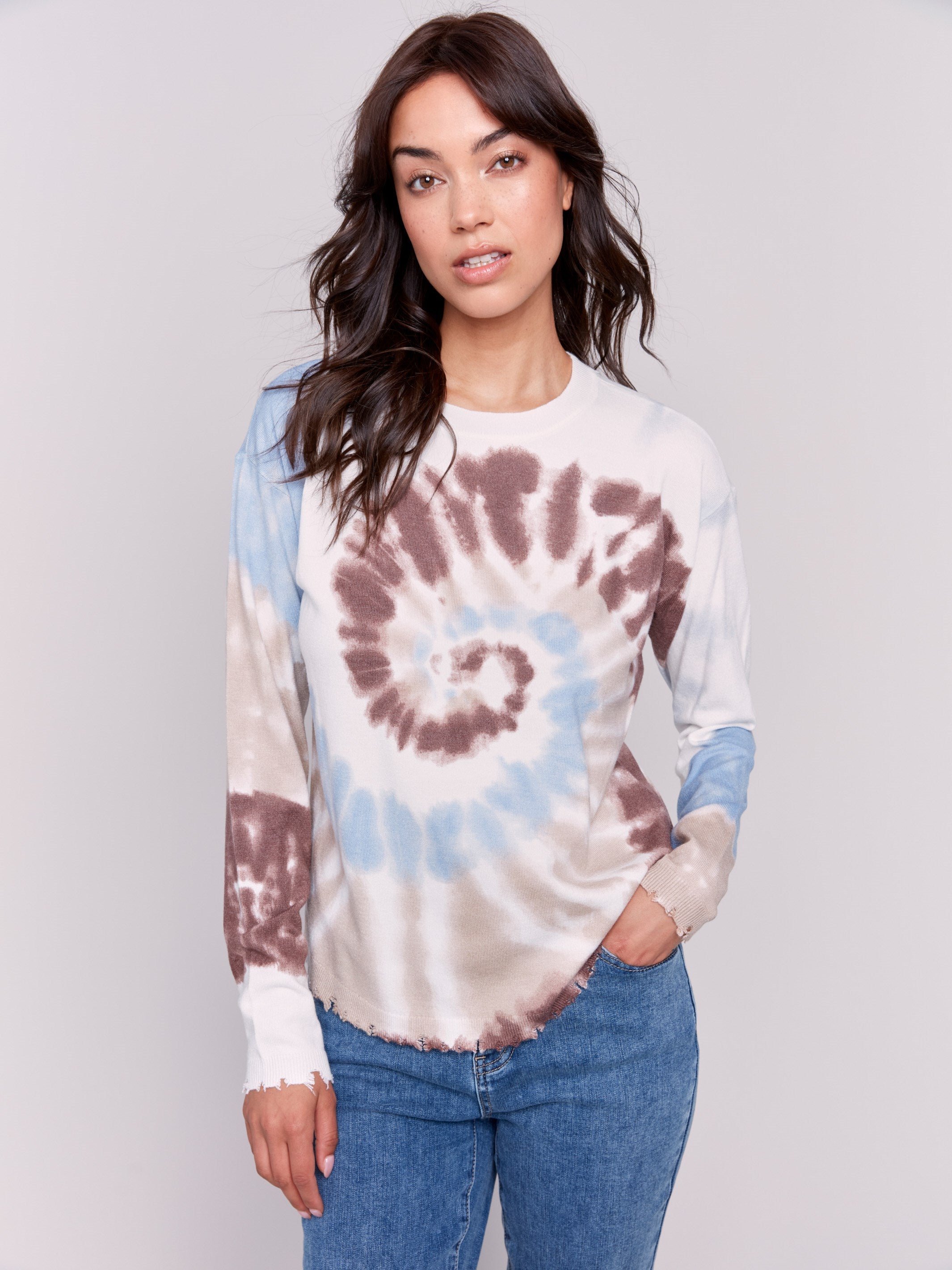 Long-sleeve tie-dye sweater in Frost with a crew neck and frayed edge by Charlie B.