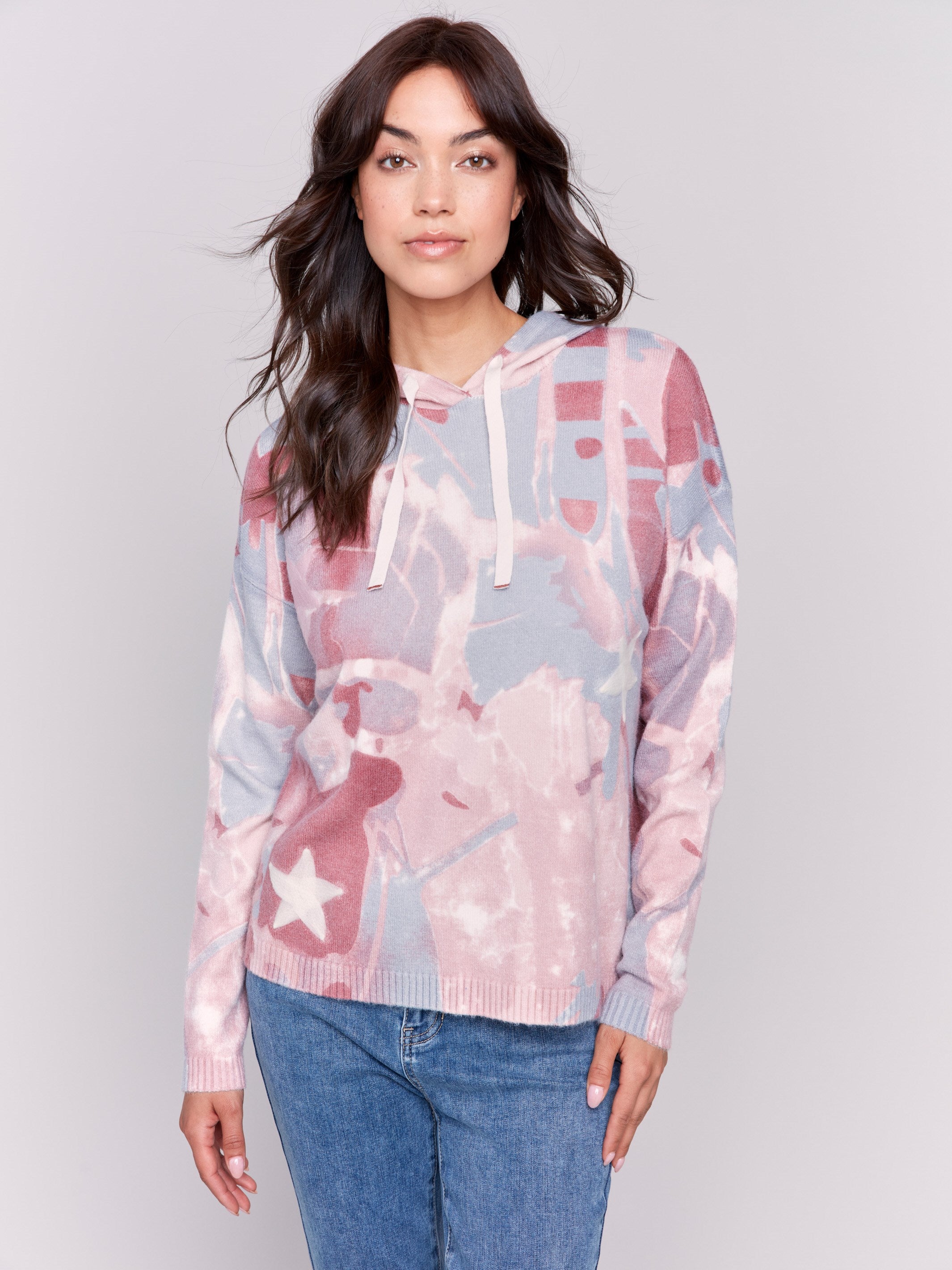 Printed hoodie sweater in pink and blue with raglan sleeves, a hood with drawstrings, and ribbed cuffs and hem by Charlie B.