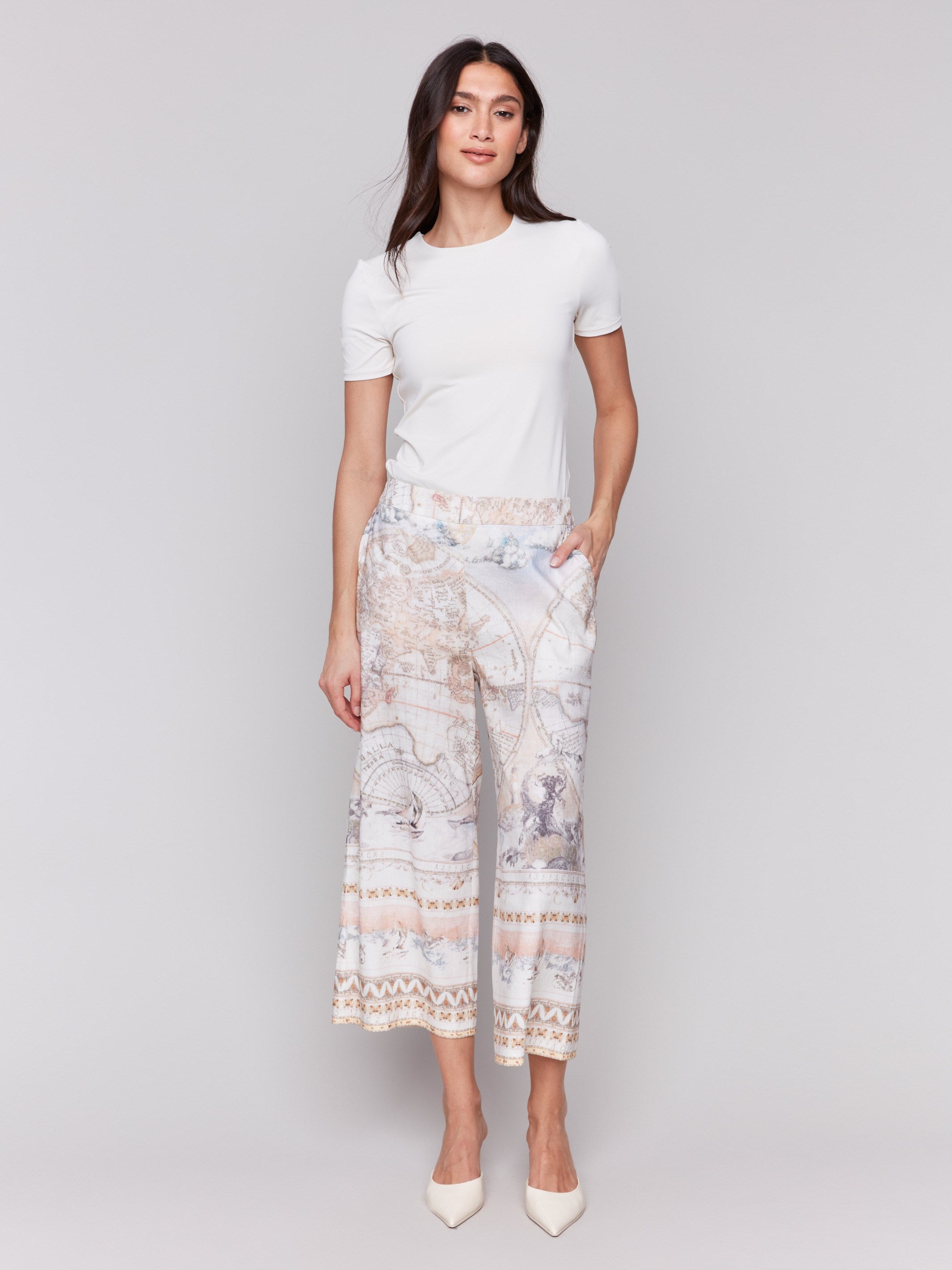 Women's relaxed wide leg fit linen-blend pants with graphic design by Charlie B.