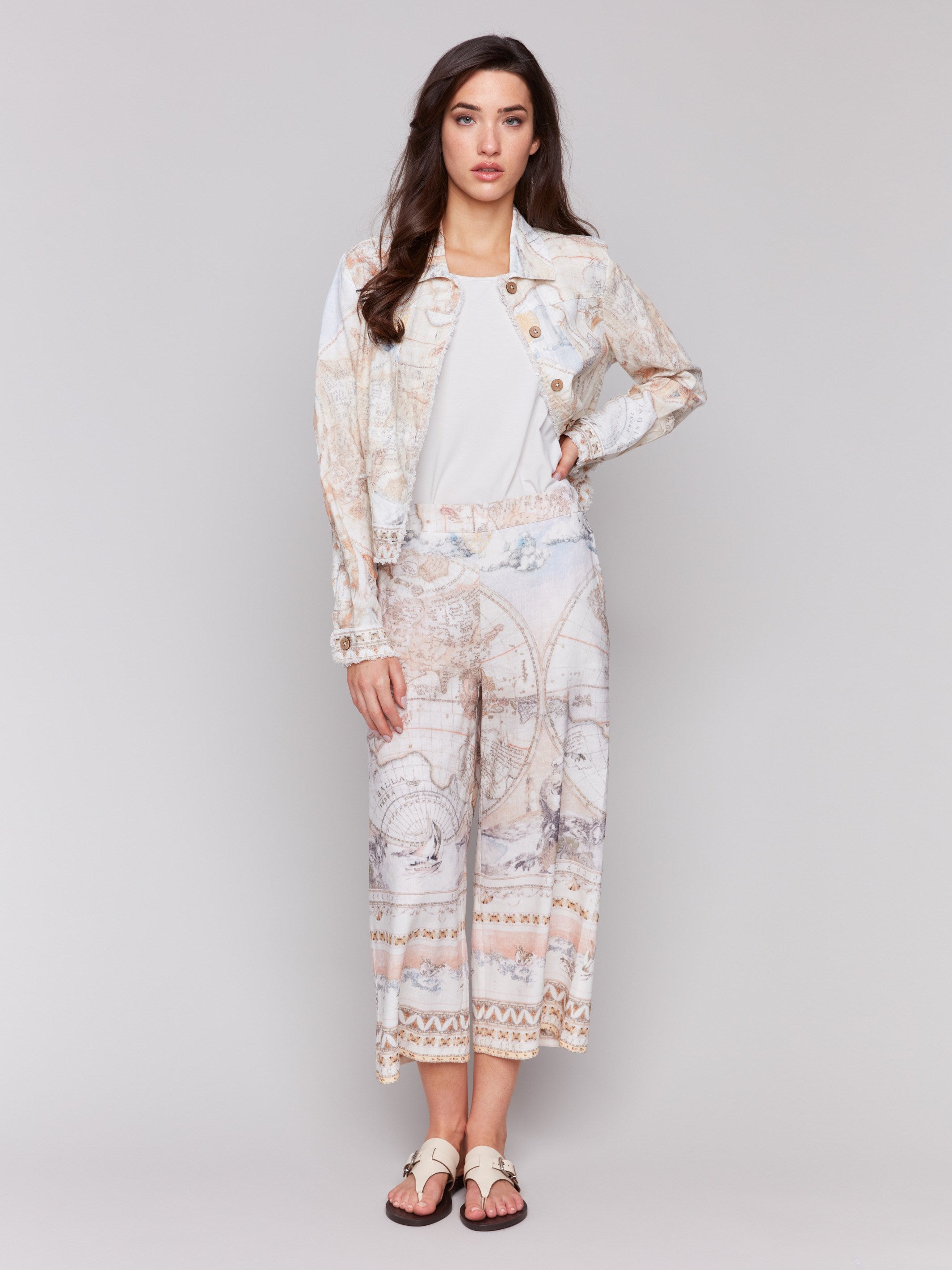 Printed jacket featuring short length design by Charlie B.