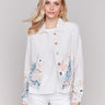 White jacket with a shirt collar and multicolor floral border print by Charlie B.