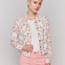 Linen-blend jacket with short length and tropical print by Charlie B.