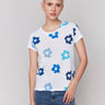 Blue floral print t-shirt with crew neckline, crafted from organic cotton by Charlie B.