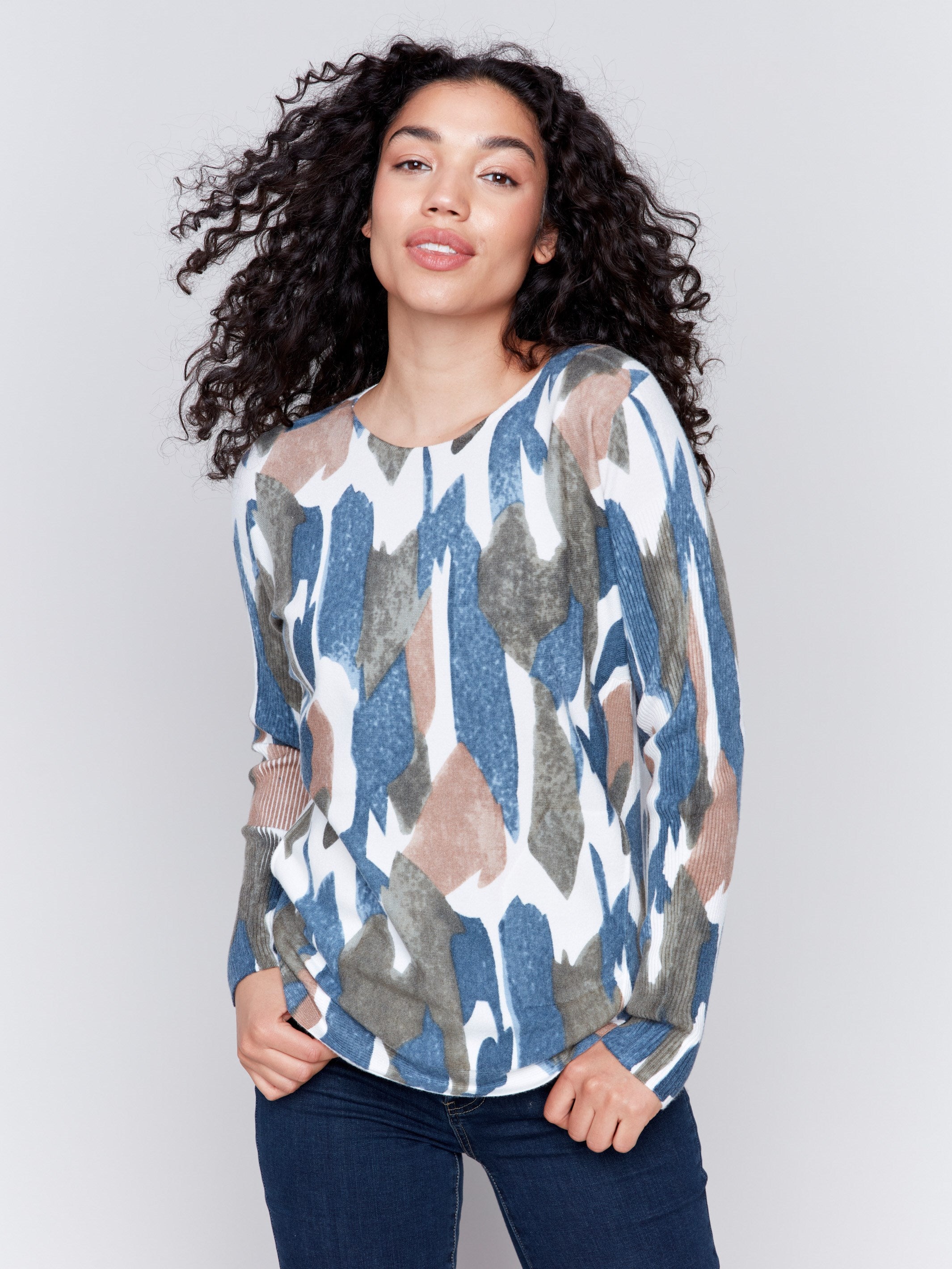 Moss-colored printed plush knit sweater with abstract patterns, featuring a crew neck and long ribbed sleeves by Charlie B.