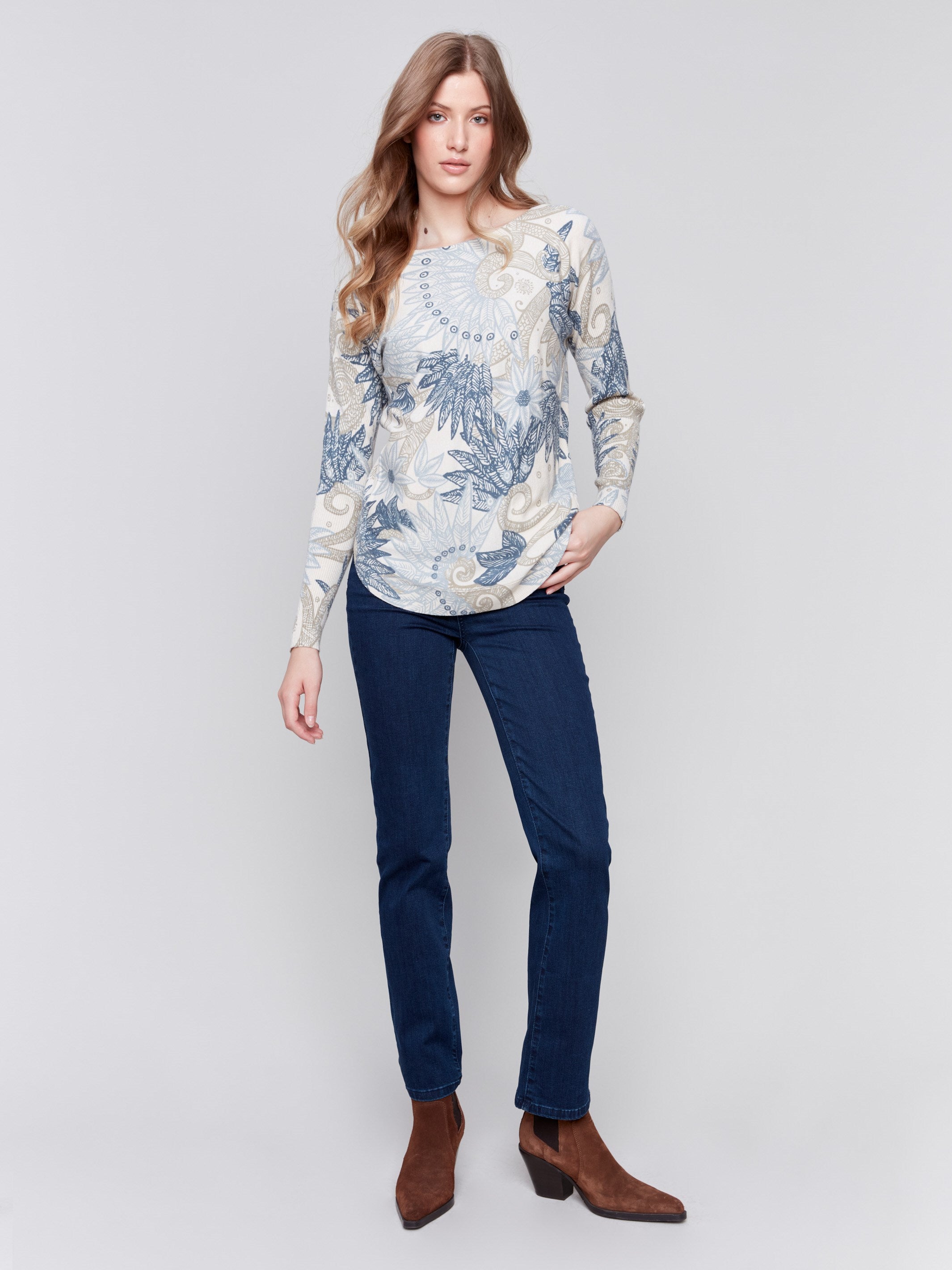 Feather pattern sweater with long sleeves and crew neckline by Charlie B.