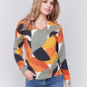 Spruce and multi-color abstract V-neck sweater with drop shoulders by Charlie B.