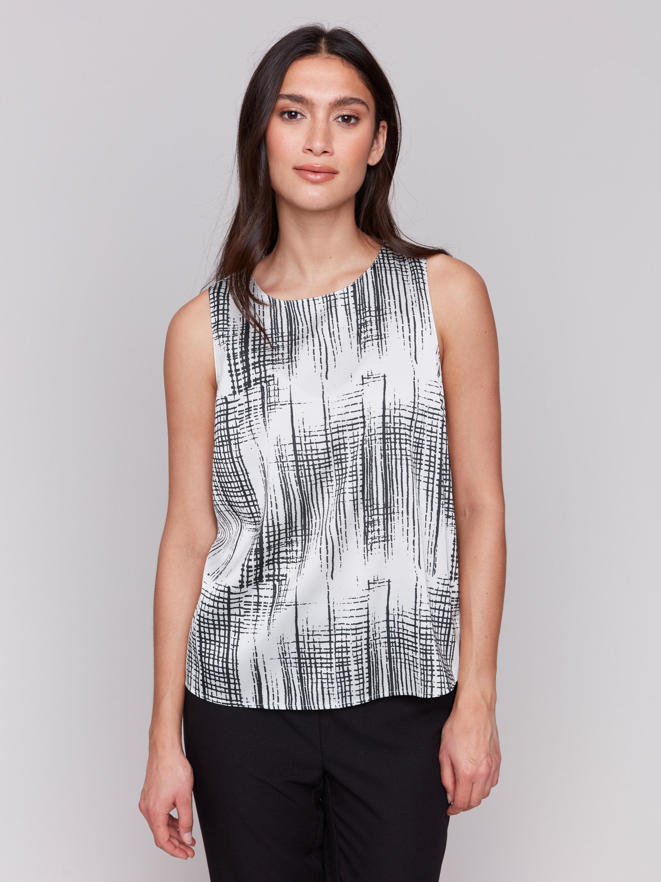 Pepper graphic sleeveless top with keyhole detail at the back, by Charlie B.