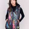 Colorful short quilted puffer vest with hood and zipper front by Charlie B.