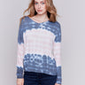 Long-sleeve V-neck knit top with a unique tie-dye wave pattern in blue by Charlie B.