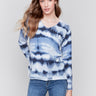 Navy tie-dye patterned V-neck sweater with long sleeves by Charlie B.