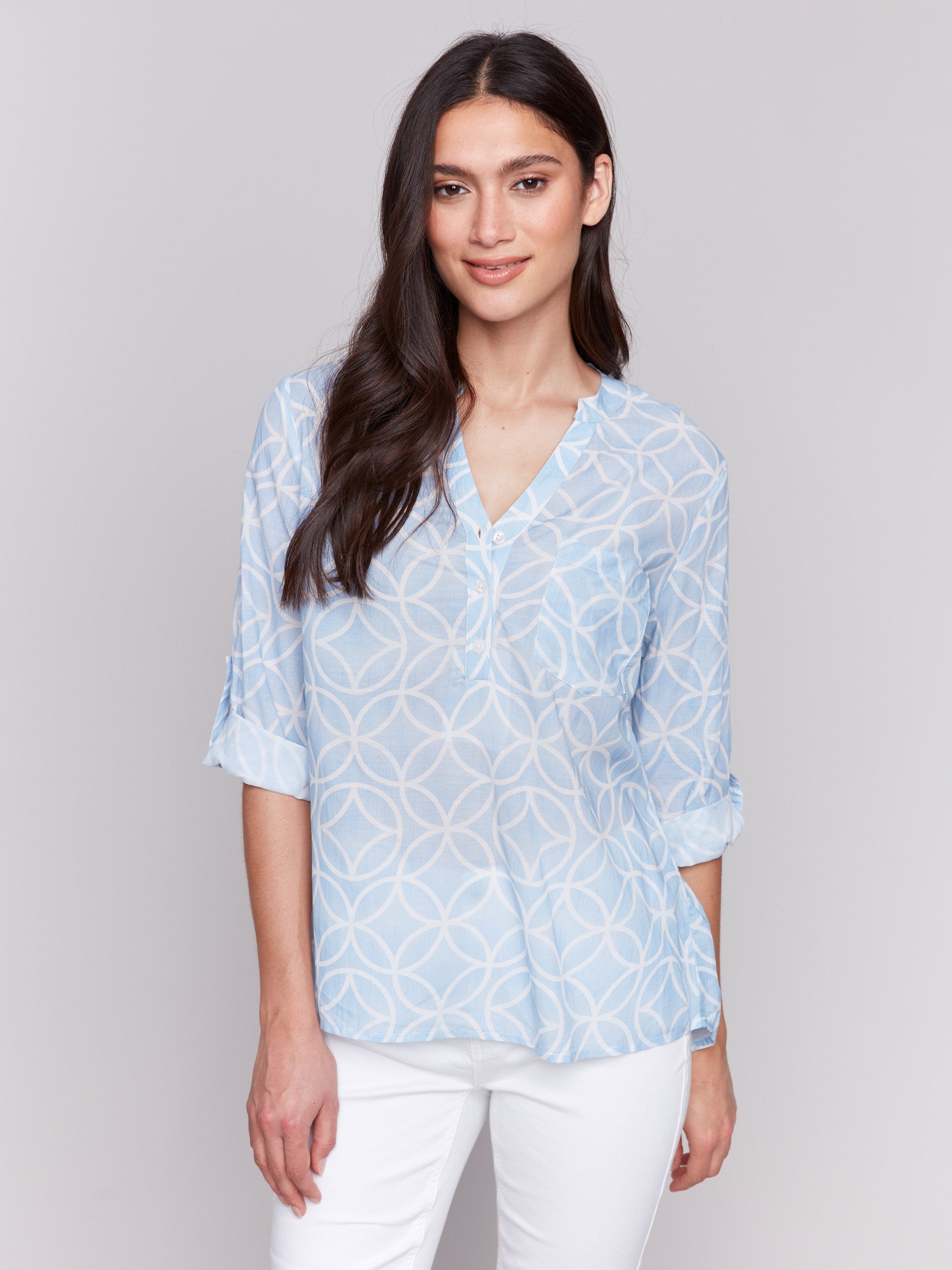 Bluebell blouse featuring a relaxed fit and geometric pattern by Charlie B.