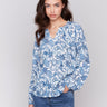 V-neck popover blouse with azure paisley print by Charlie B.