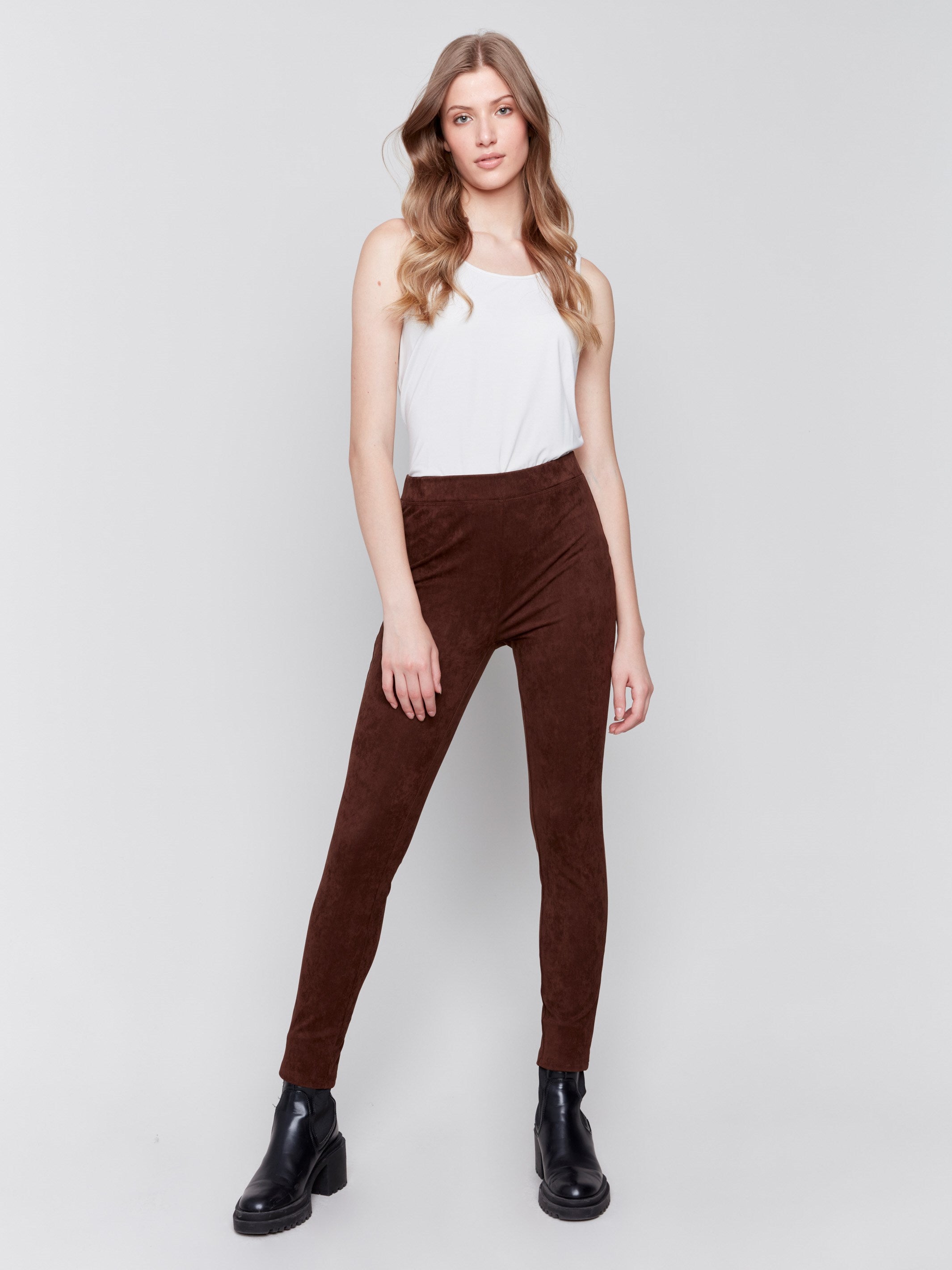 Mocha-colored faux suede pull-on pants with a slim fit silhouette by Charlie B.