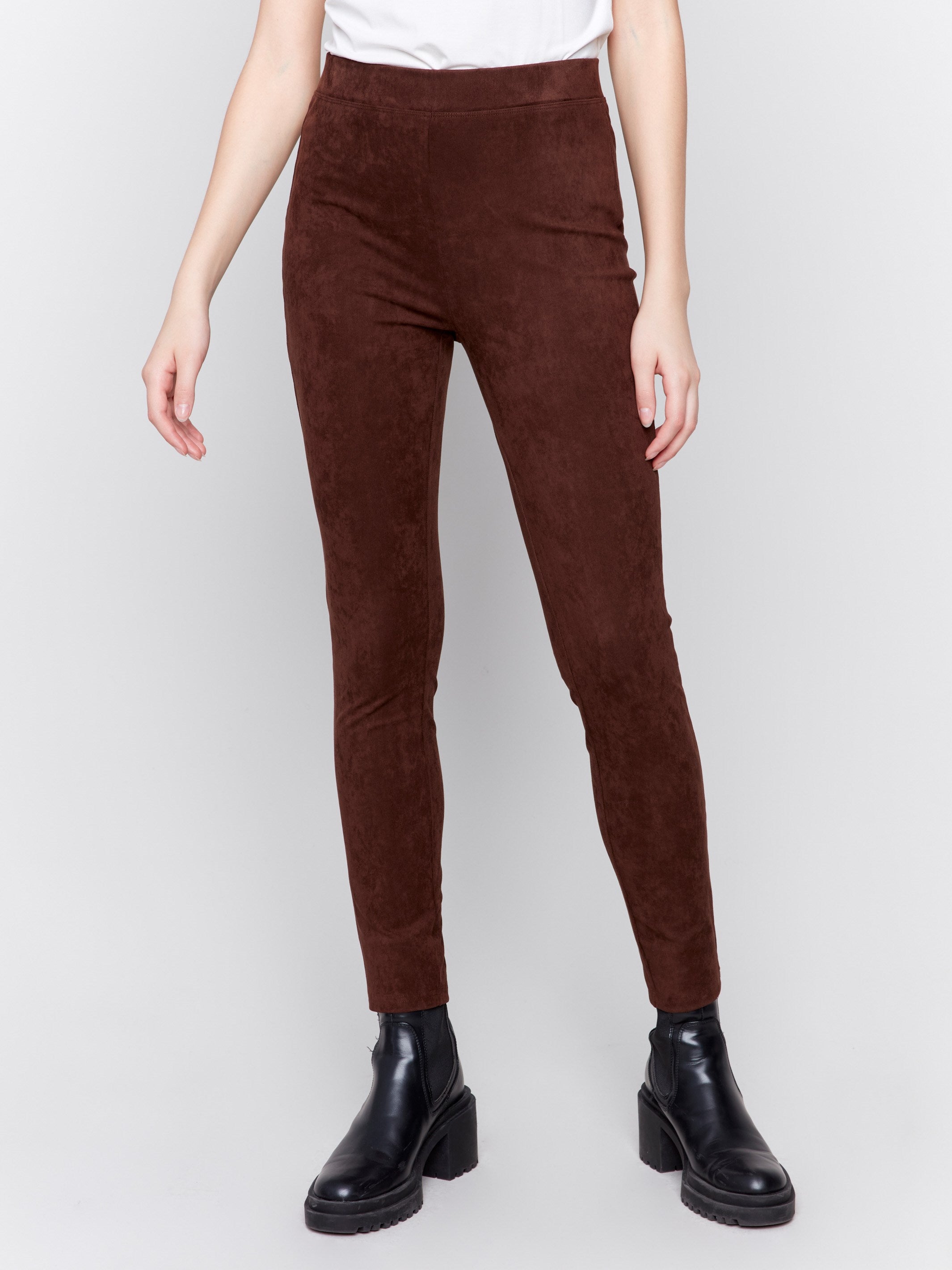 Mocha-colored faux suede pull-on pants with a slim fit silhouette by Charlie B.