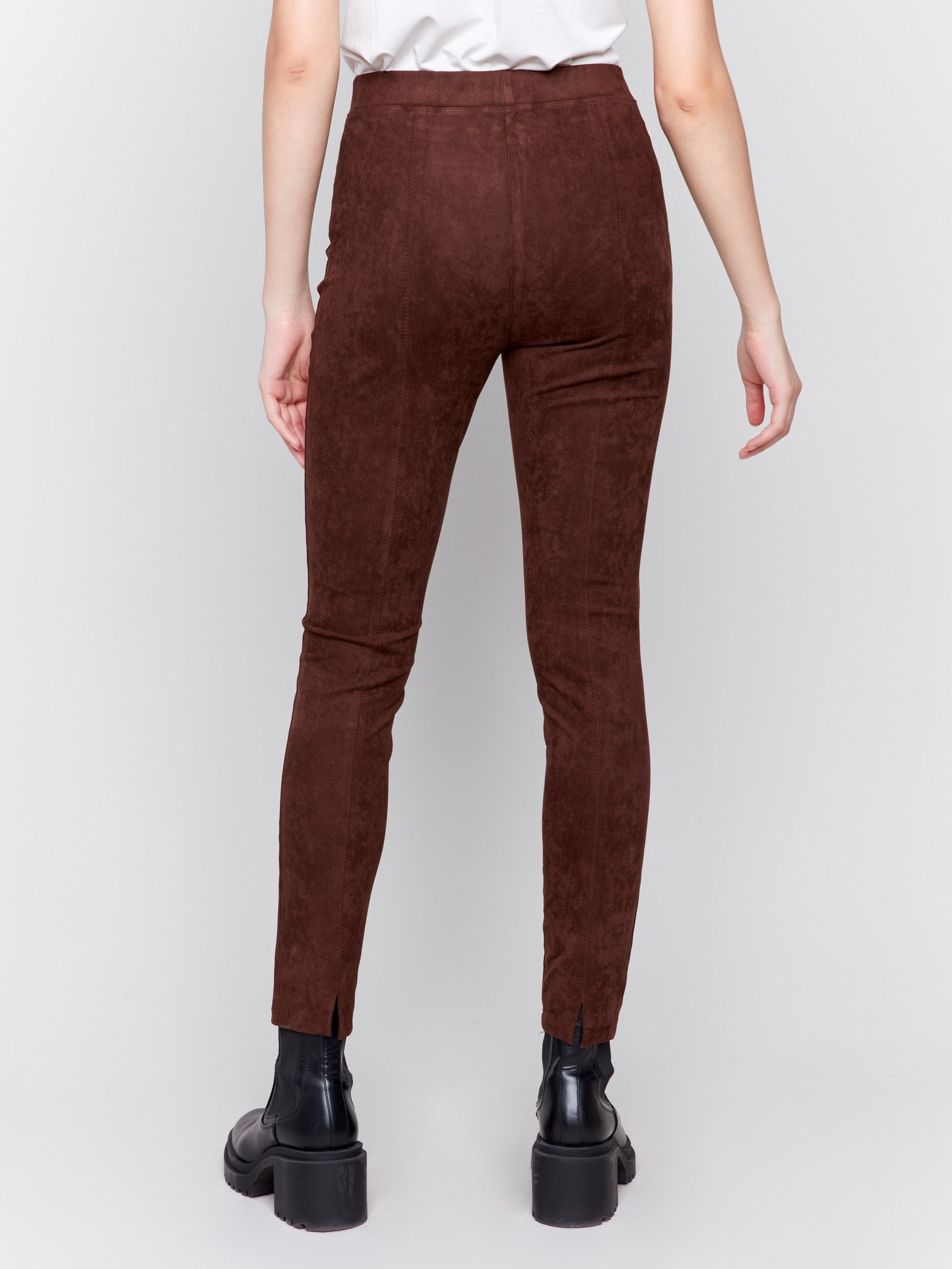 Mocha-colored faux suede pull-on pants with a slim fit silhouette by Charlie B.