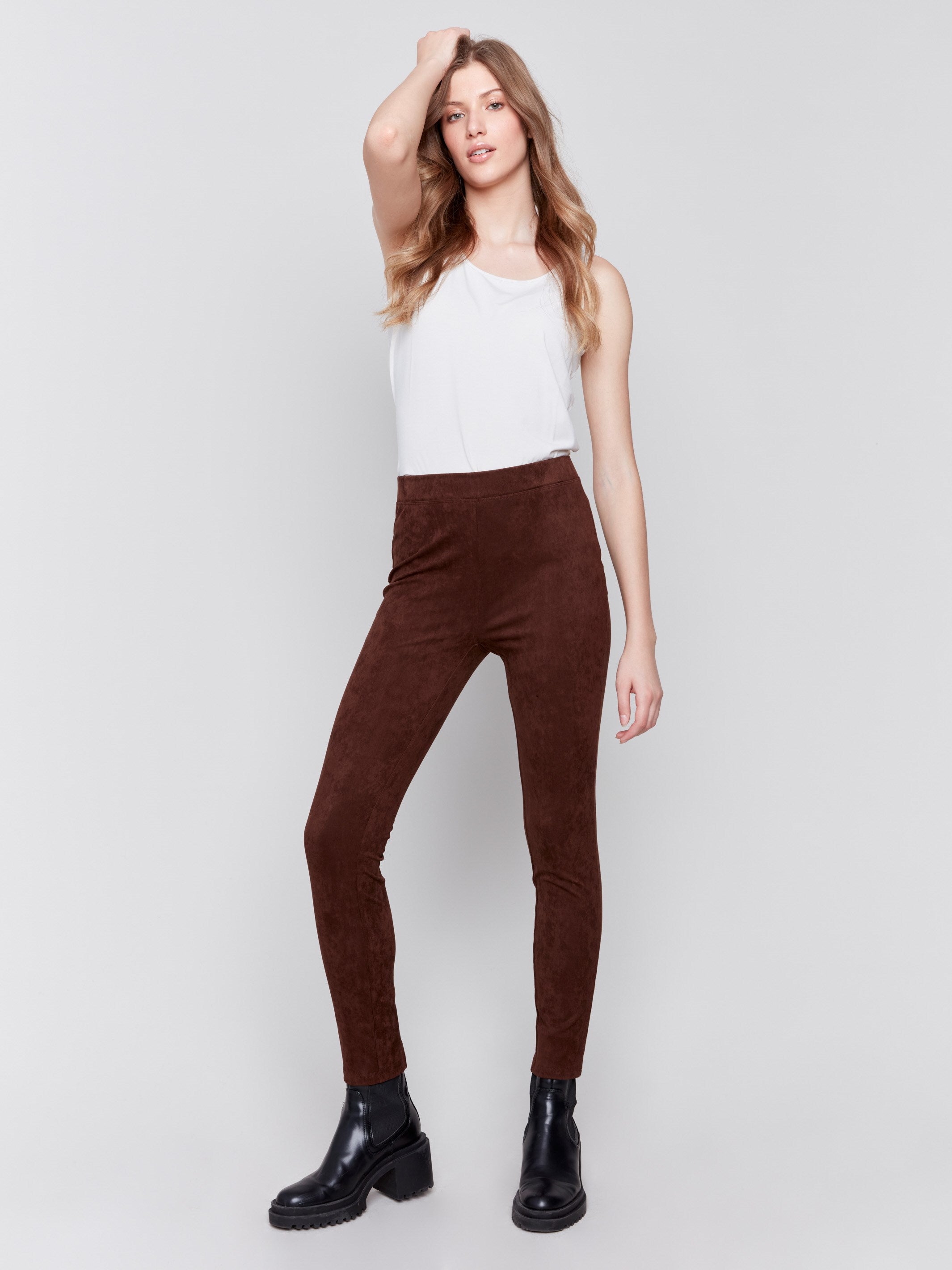 Mocha-colored faux suede pull-on pants with a slim fit silhouette by Charlie B.