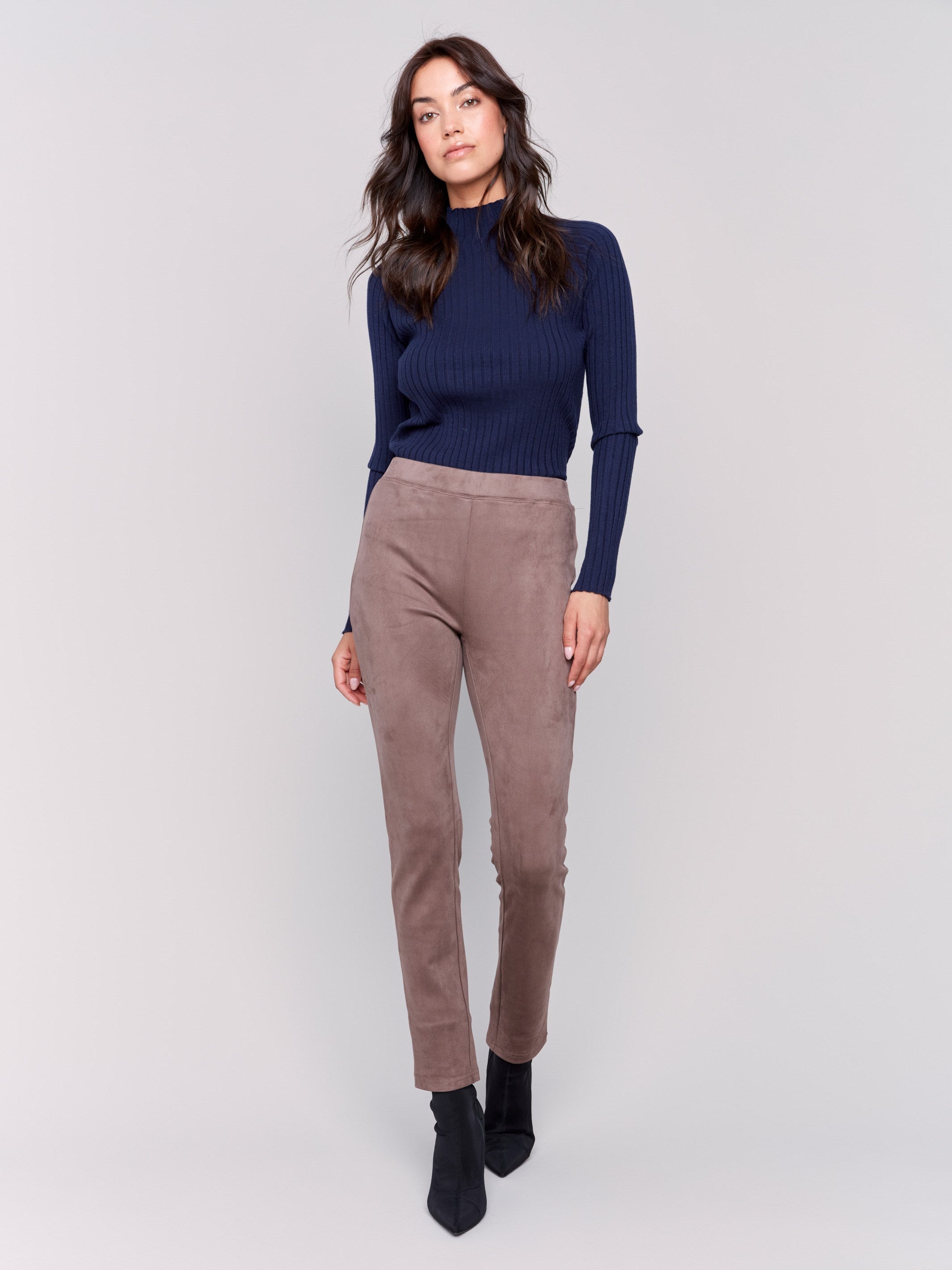 Taupe-colored faux suede pull-on pants with a slim fit silhouette by Charlie B.