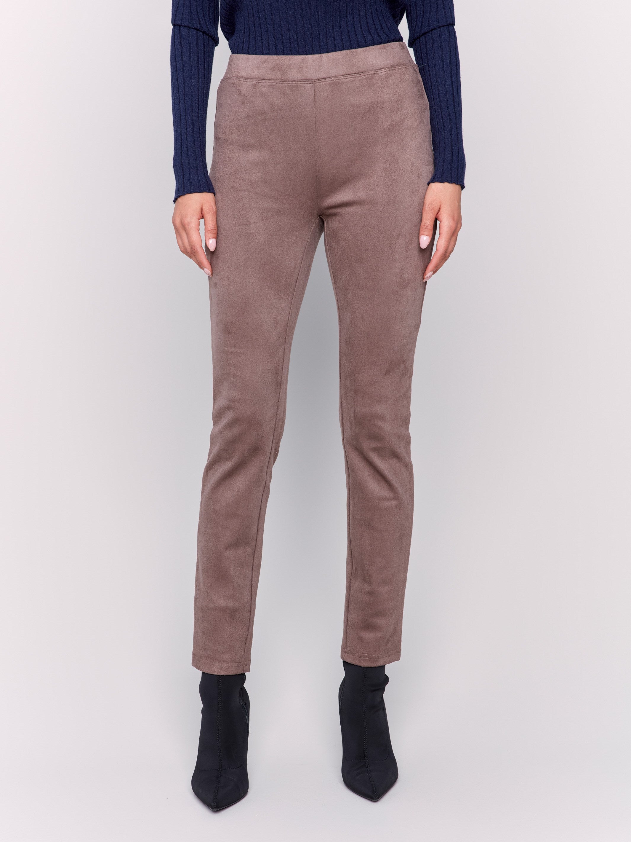 Taupe-colored faux suede pull-on pants with a slim fit silhouette by Charlie B.