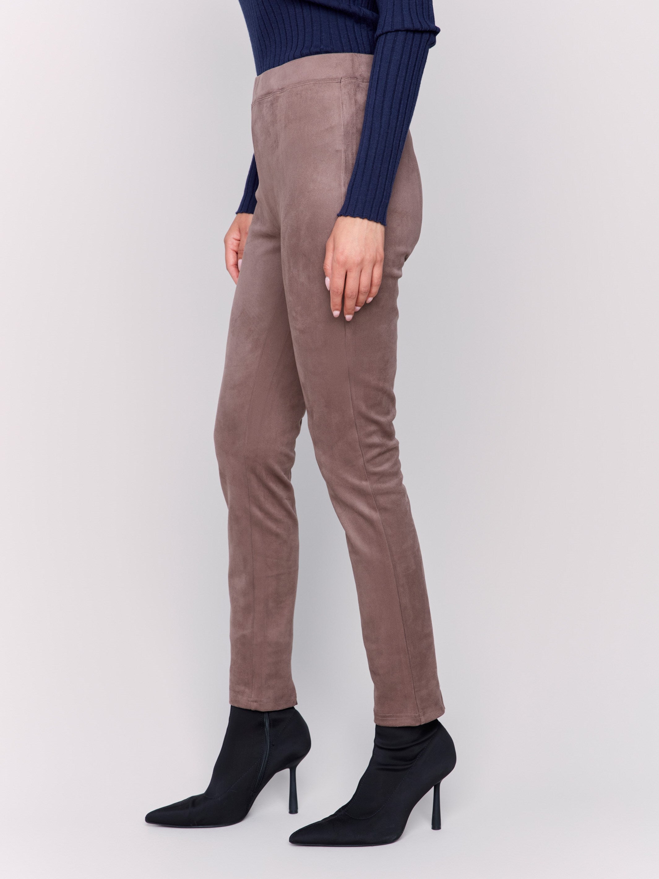 Taupe-colored faux suede pull-on pants with a slim fit silhouette by Charlie B.