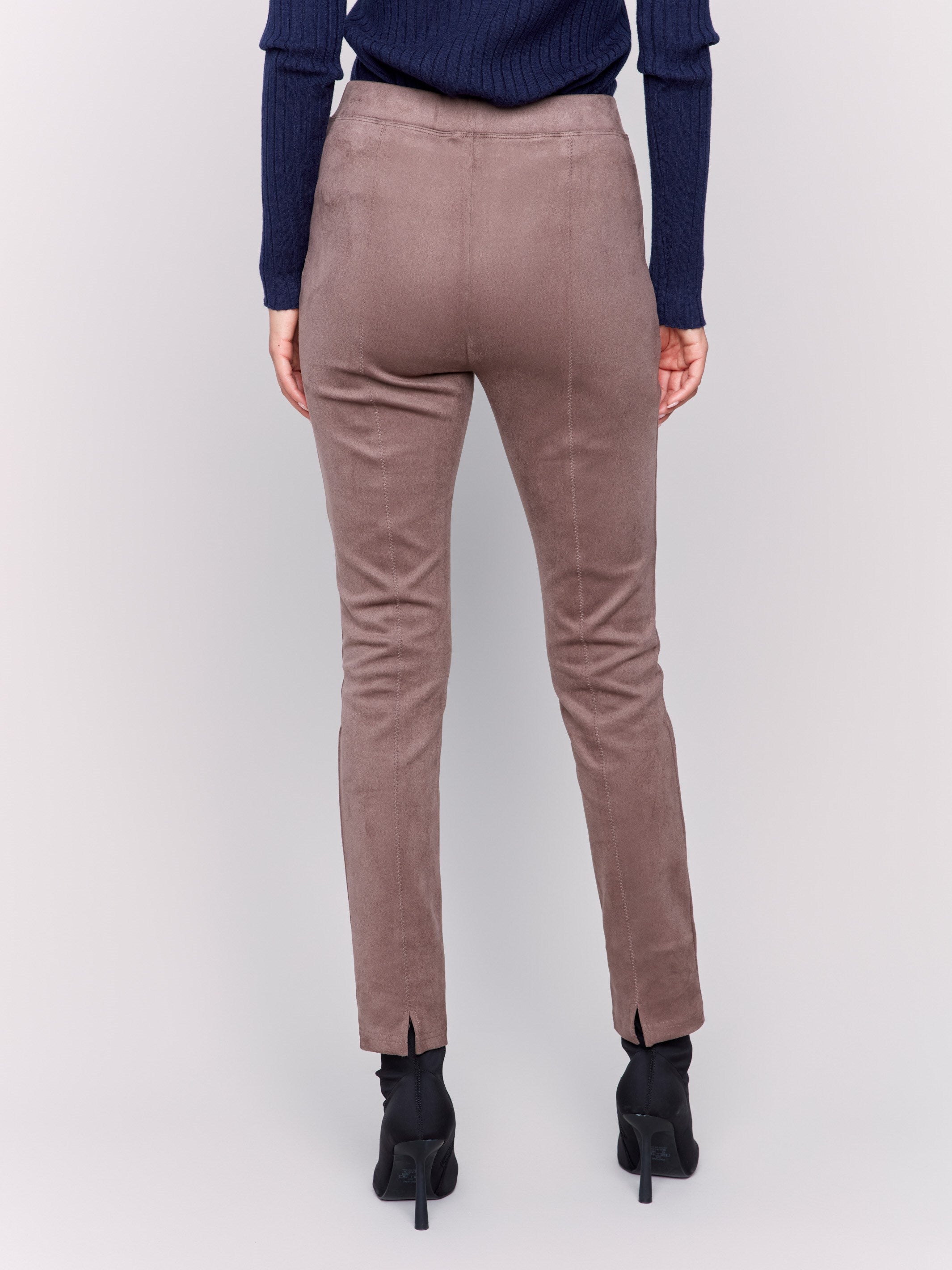 Taupe-colored faux suede pull-on pants with a slim fit silhouette by Charlie B.