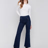 Blue Pull-On Flare Jeans with front buttons and two back patch pockets by Charlie B.