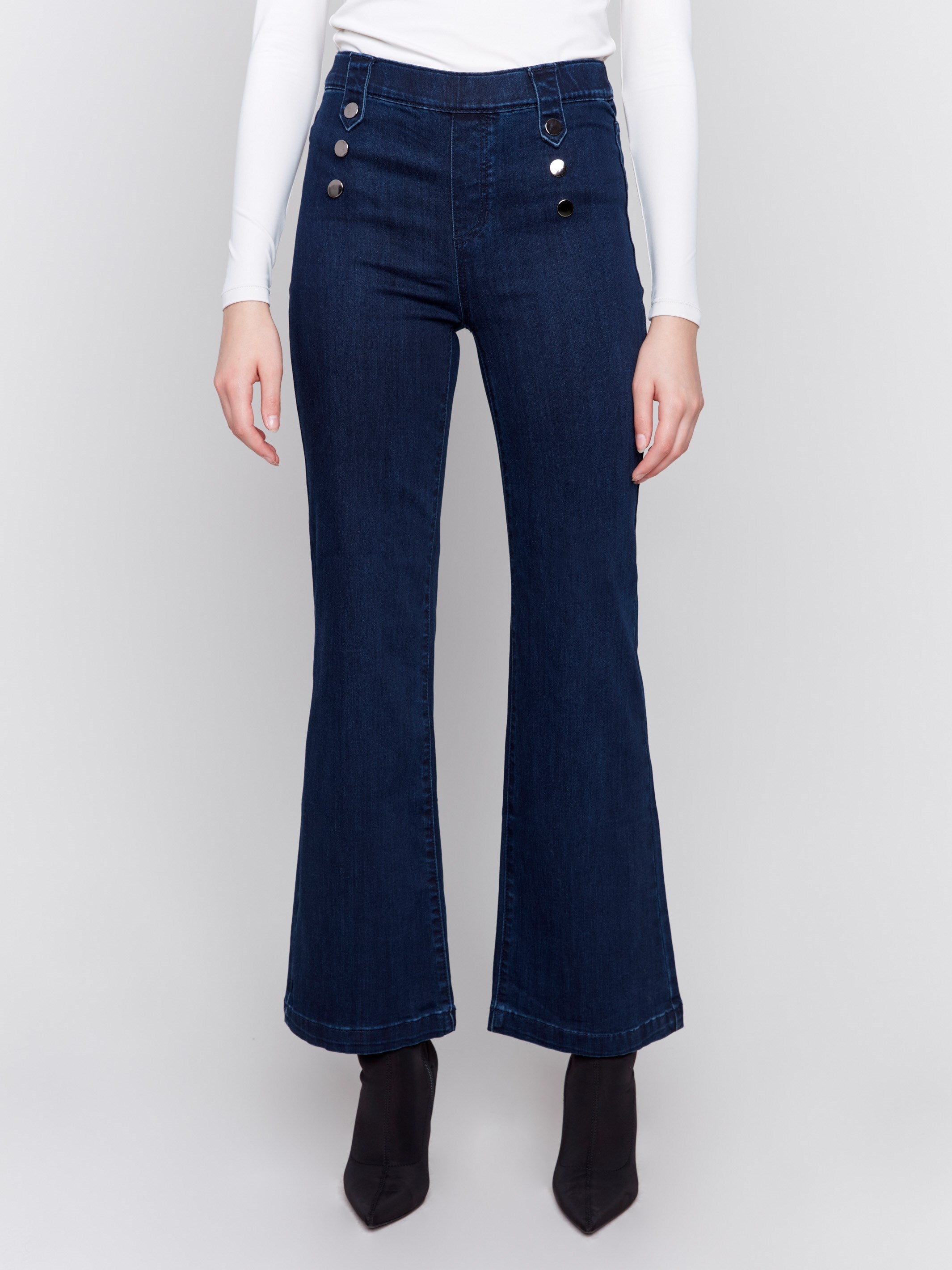 Blue Pull-On Flare Jeans with front buttons and two back patch pockets by Charlie B.