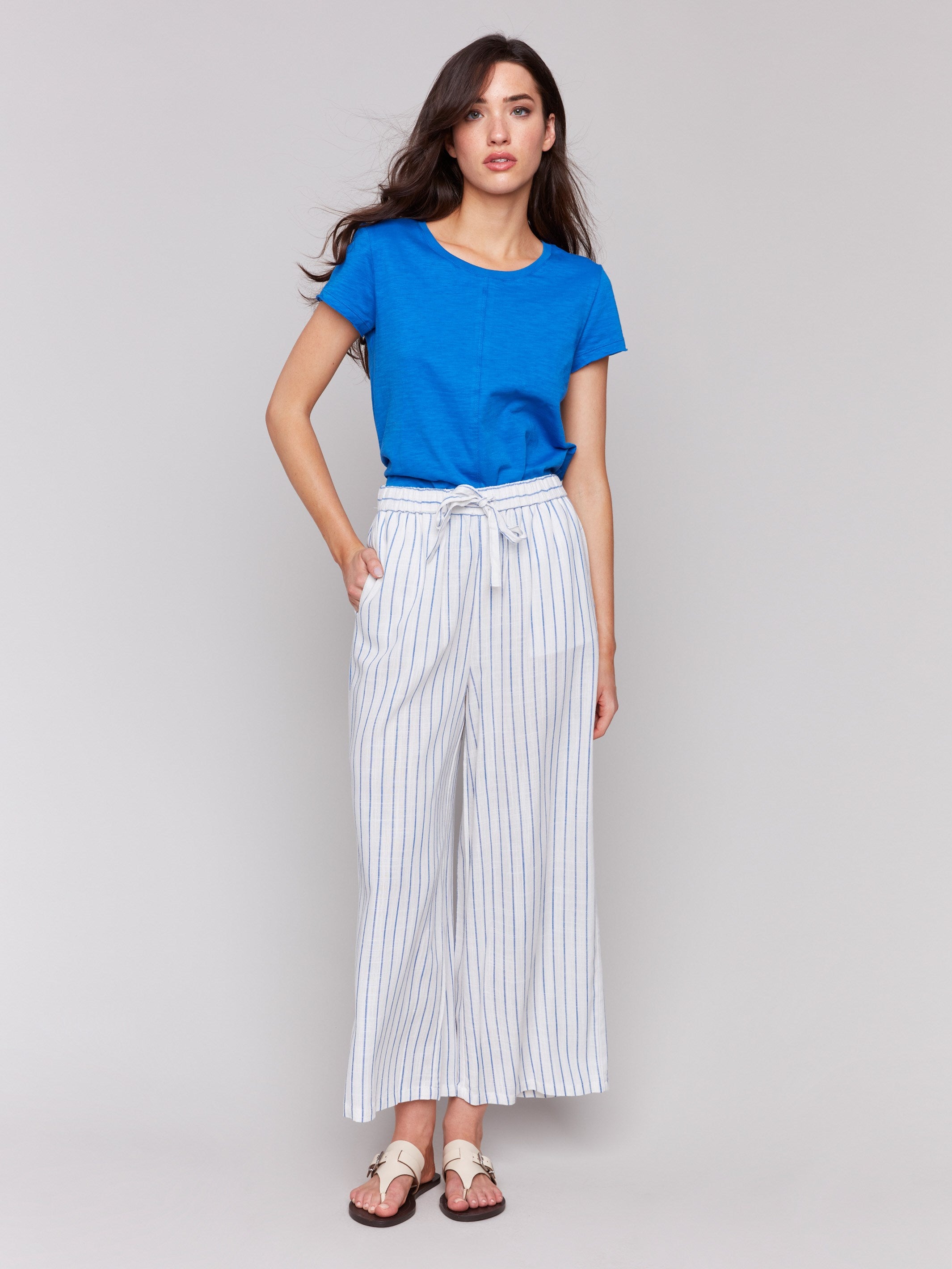 Linen blend pants with blue stripes and wide leg fit by Charlie B.