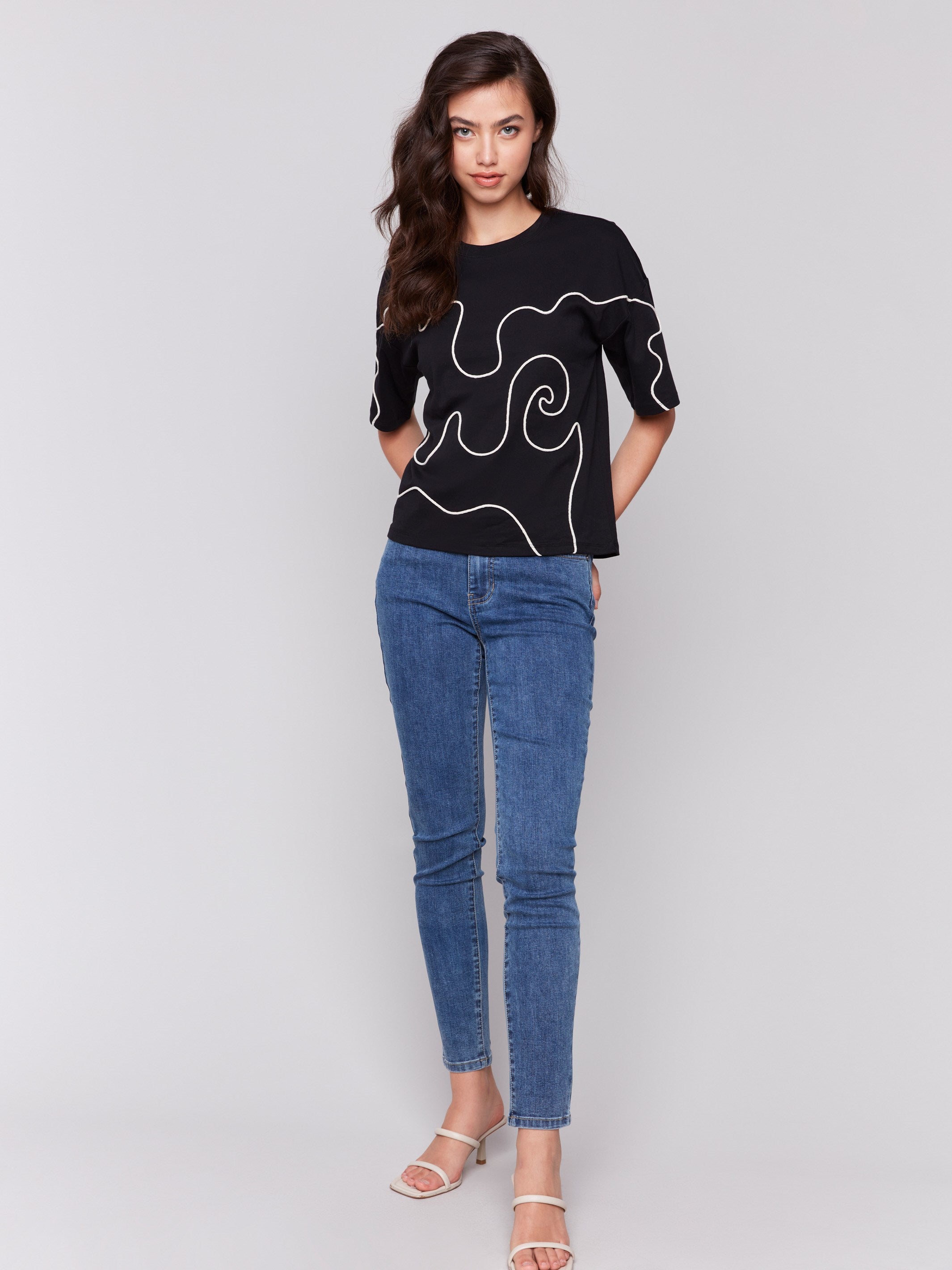 Relaxed fit black t-shirt with front soutache detail and short sleeves by Charlie B.