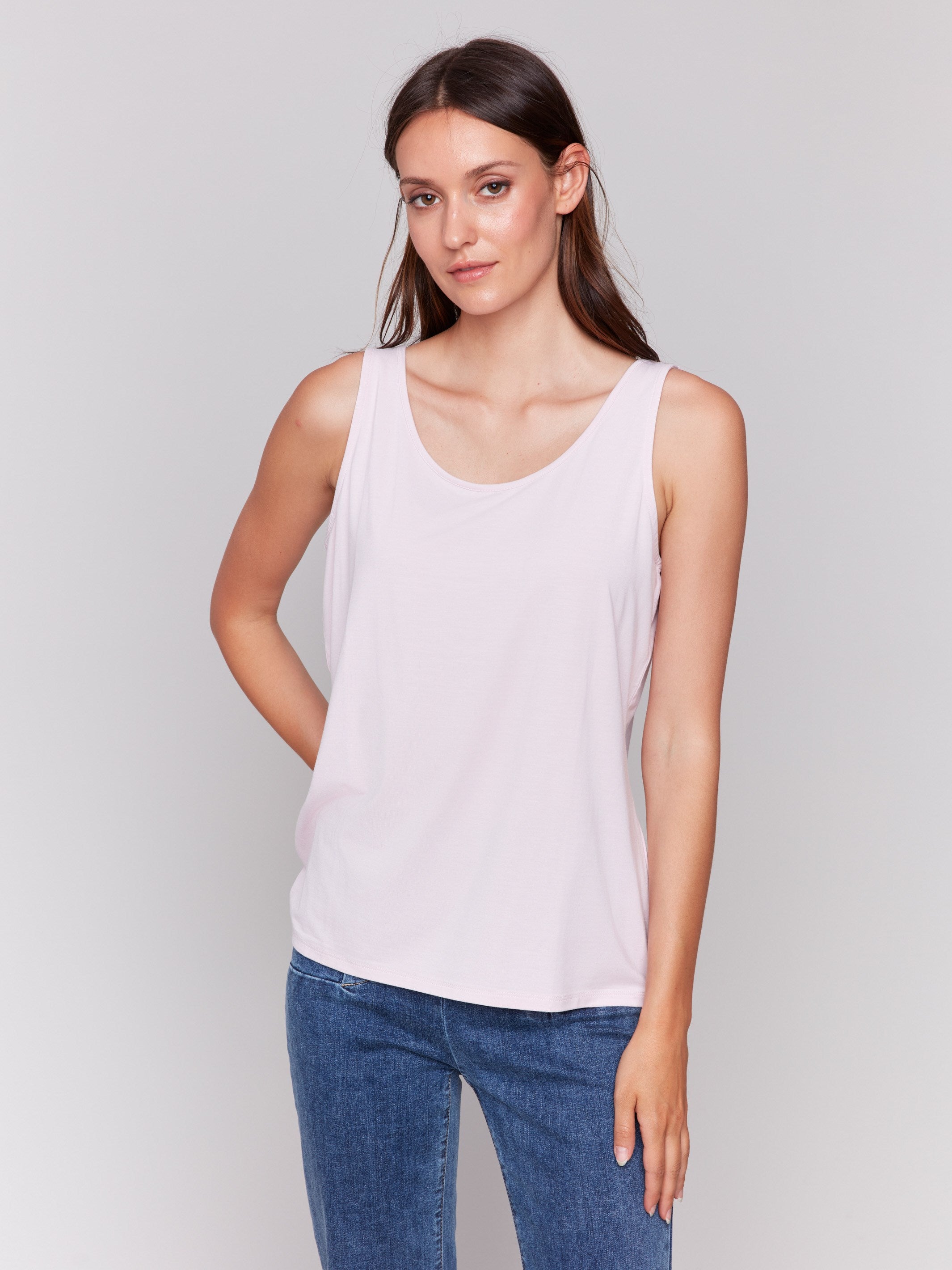 Light pink reversible camisole with scoop neck and V-neck details, crafted in soft bamboo viscose by Charlie B.