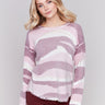 Reversible burgundy printed plush sweater with frayed edges and boatneck by Charlie B.