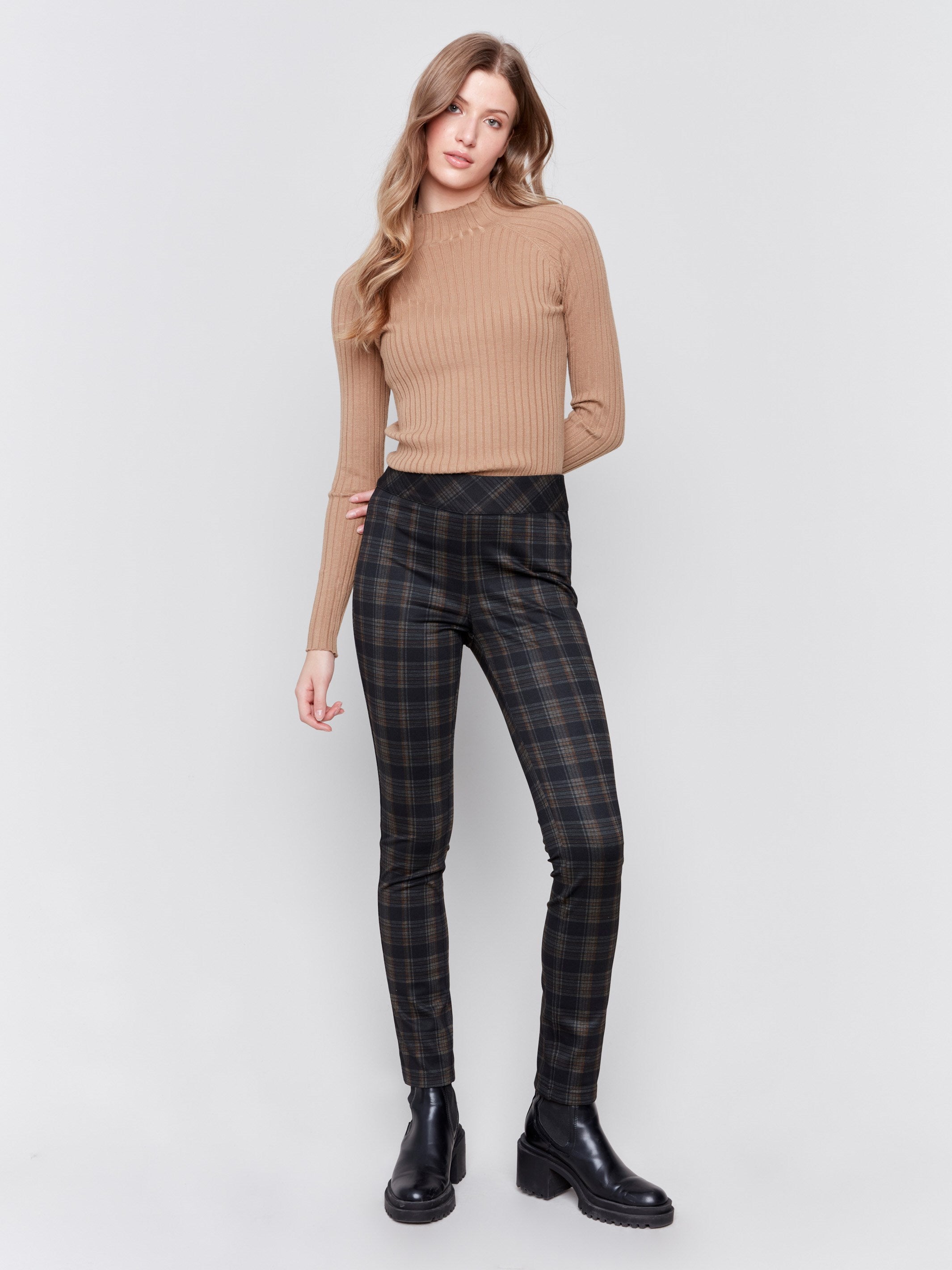 Reversible pull-on pants in truffle plaid with dark pattern on the other side, featuring a slim leg and mid-rise fit by Charlie B.