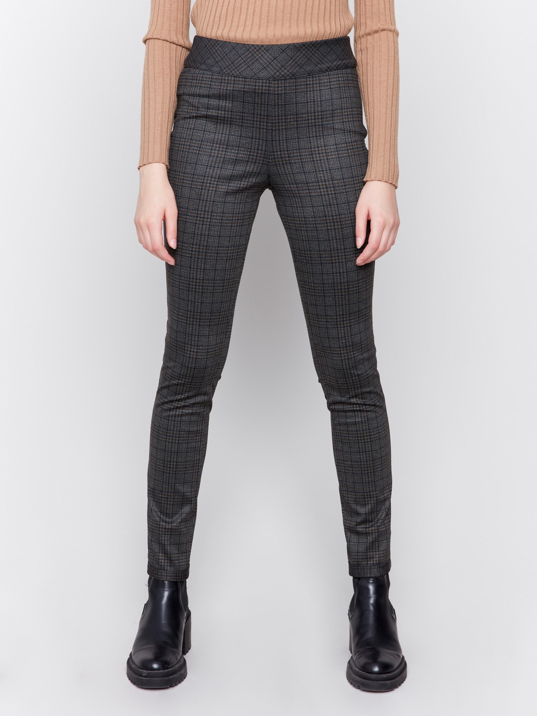 Reversible pull-on pants in truffle plaid with dark pattern on the other side, featuring a slim leg and mid-rise fit by Charlie B.