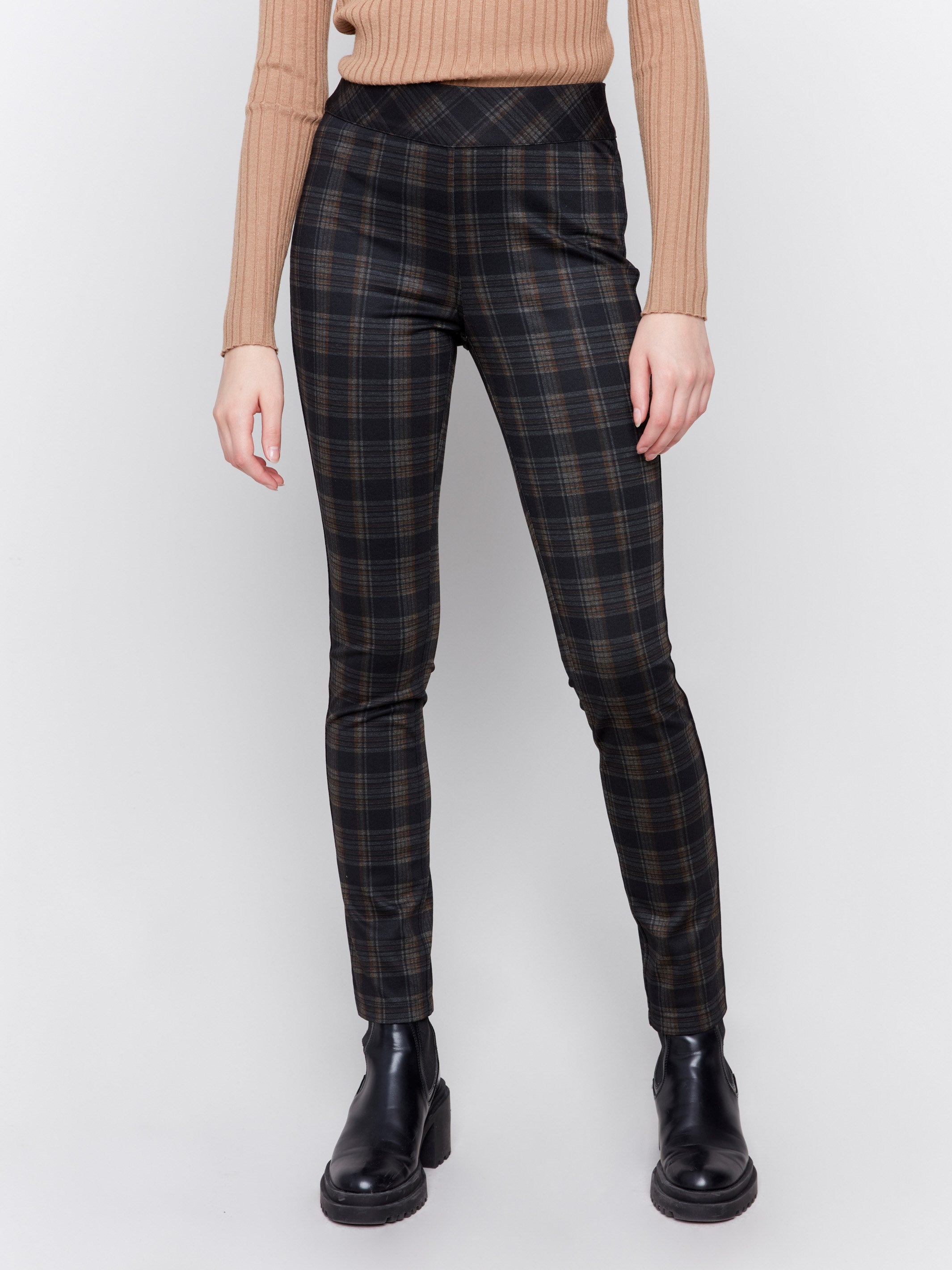 Reversible pull-on pants in truffle plaid with dark pattern on the other side, featuring a slim leg and mid-rise fit by Charlie B.