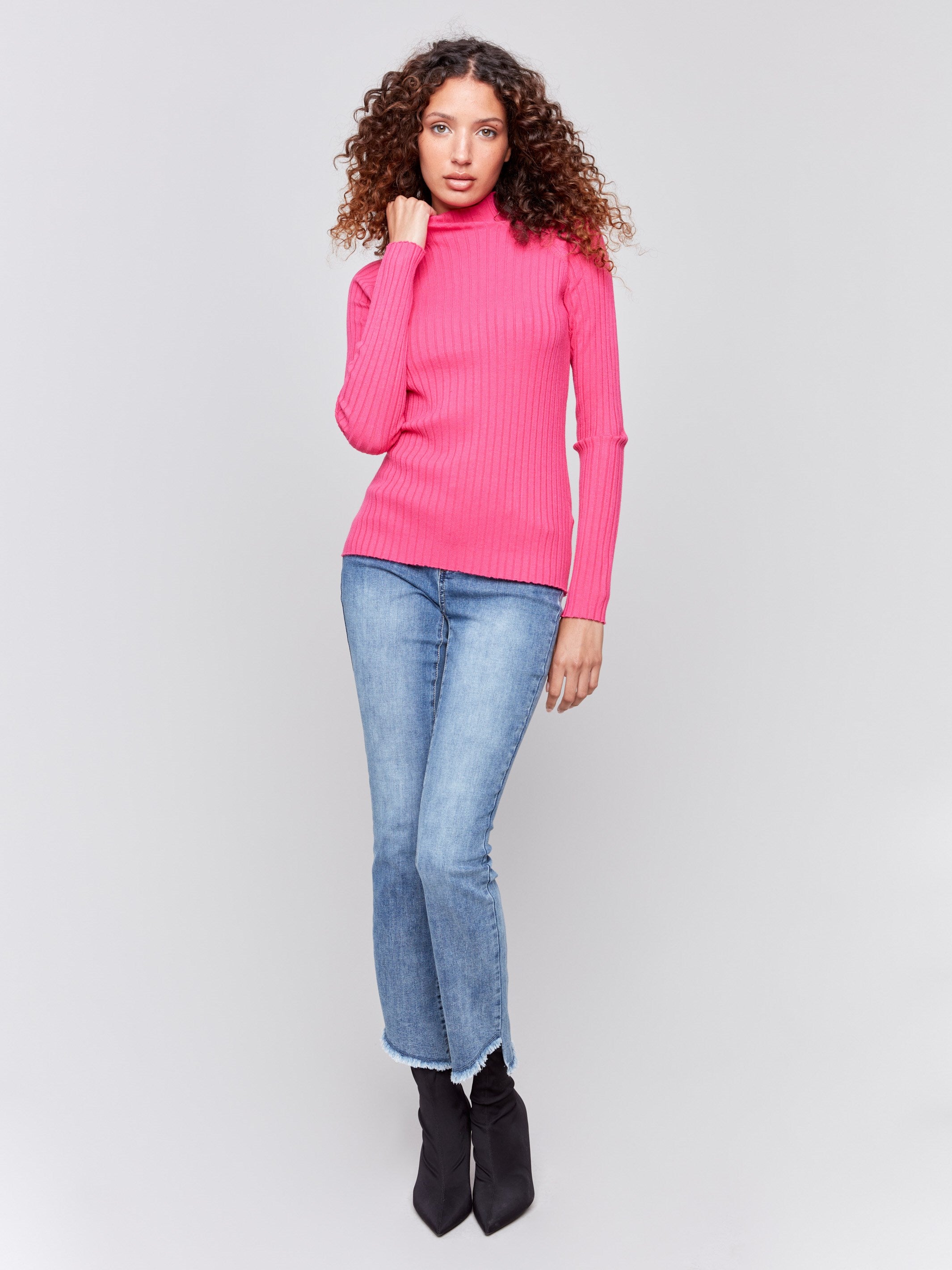 Magenta pink ribbed knit sweater with a mock neck and long sleeves by Charlie B.