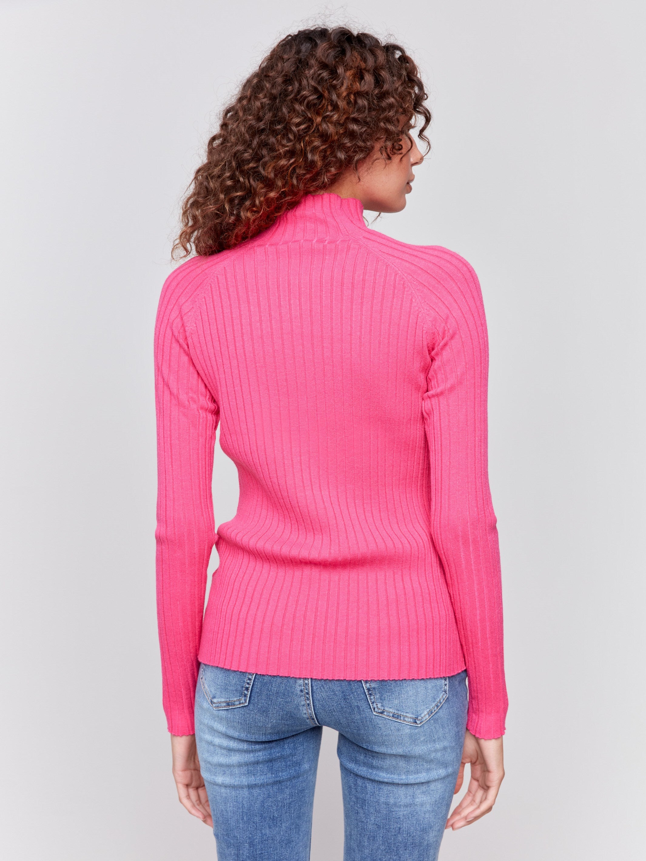 Magenta pink ribbed knit sweater with a mock neck and long sleeves by Charlie B.