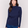 Navy ribbed knit sweater with a mock neck and long sleeves by Charlie B.