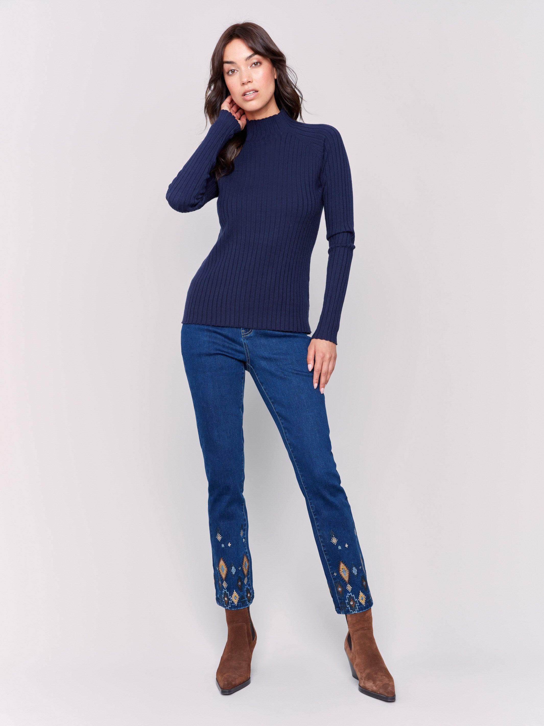 Navy ribbed knit sweater with a mock neck and long sleeves by Charlie B.