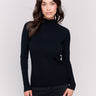 Black ribbed knit sweater with a mock neck and long sleeves by Charlie B.