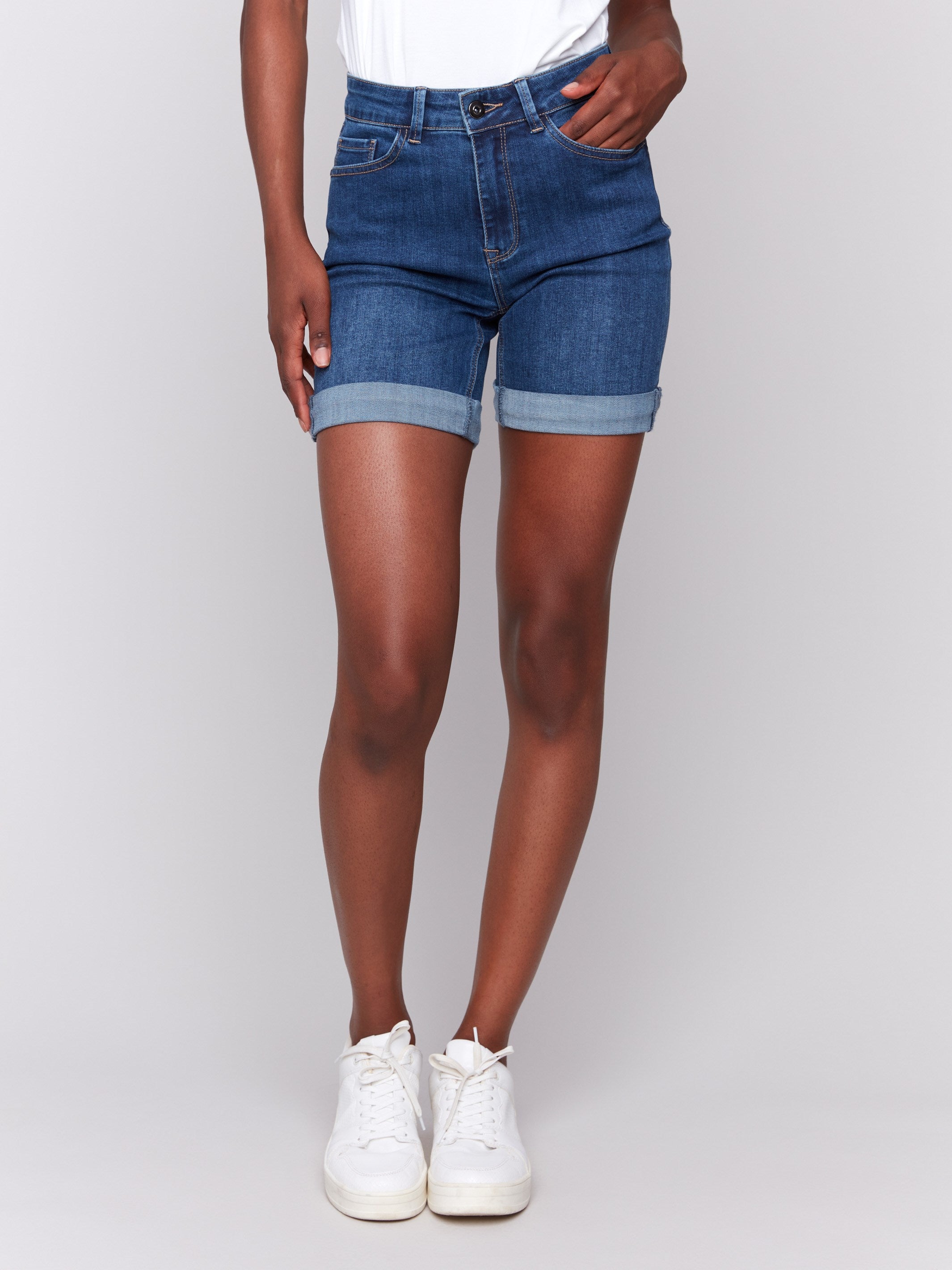 Classic five-pocket styling on denim shorts, ideal for versatile looks by Charlie B.