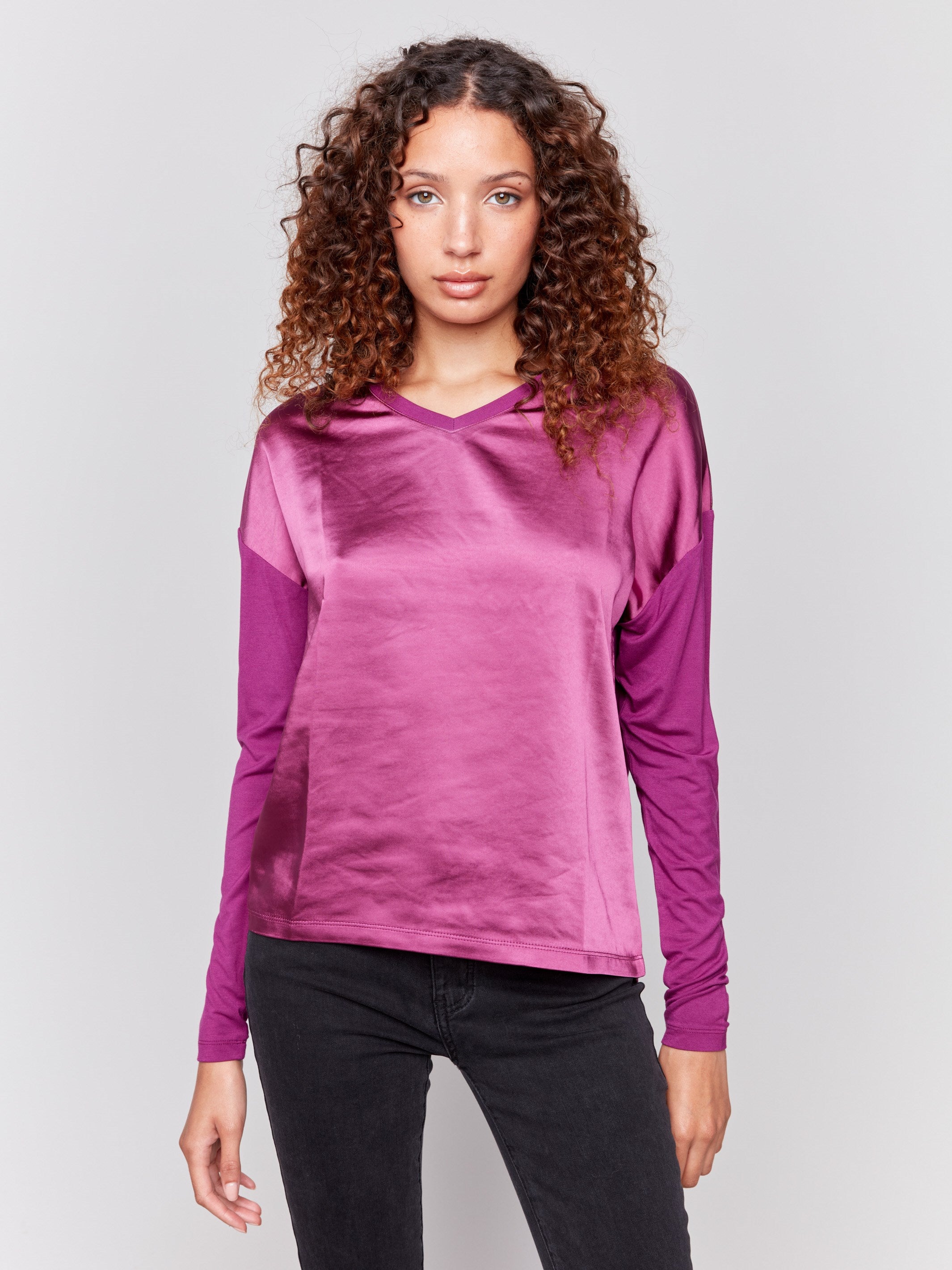 Mulberry satin and jersey top featuring V-neck design and long sleeves by Charlie B.