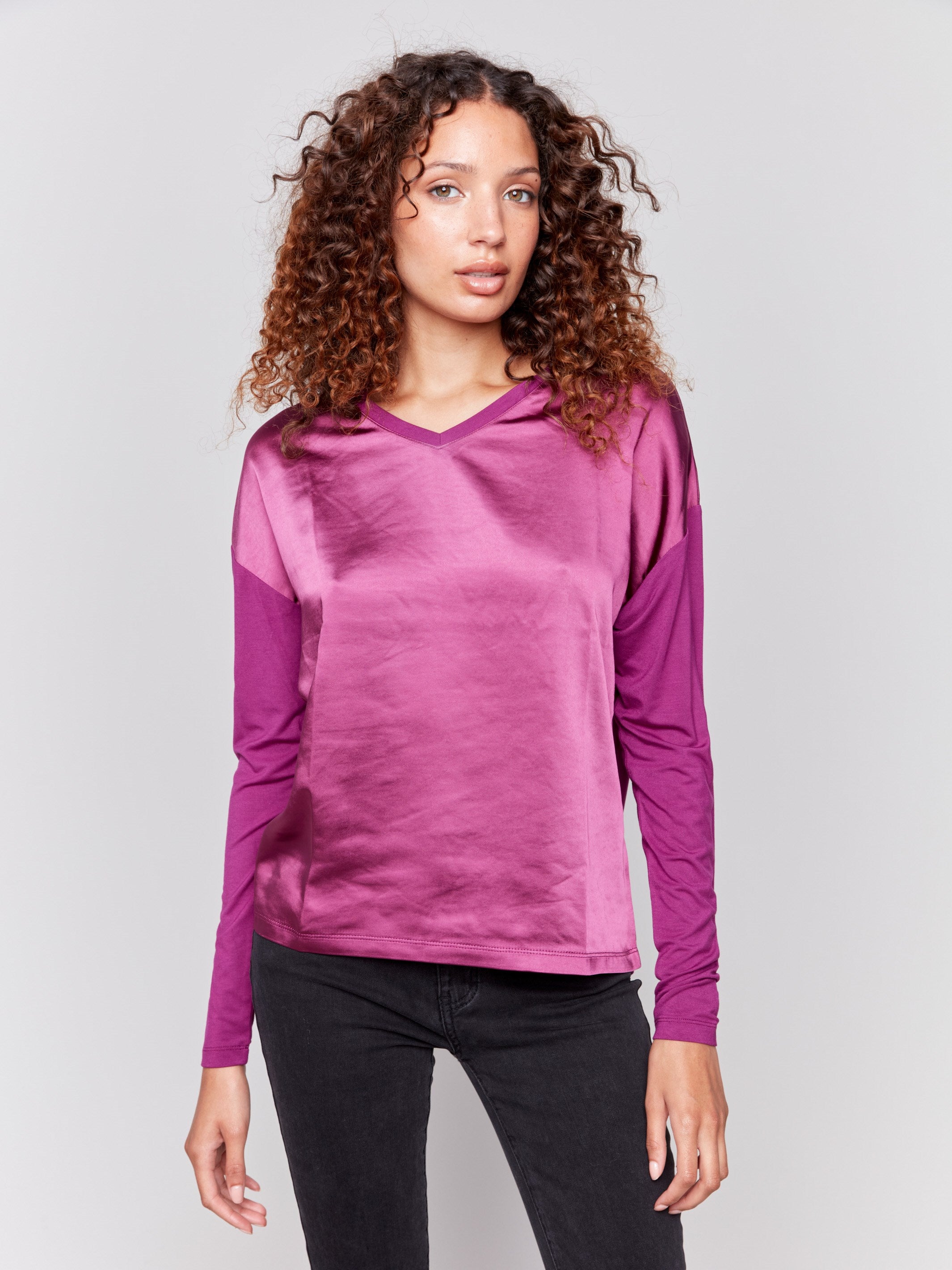 Mulberry satin and jersey top featuring V-neck design and long sleeves by Charlie B.