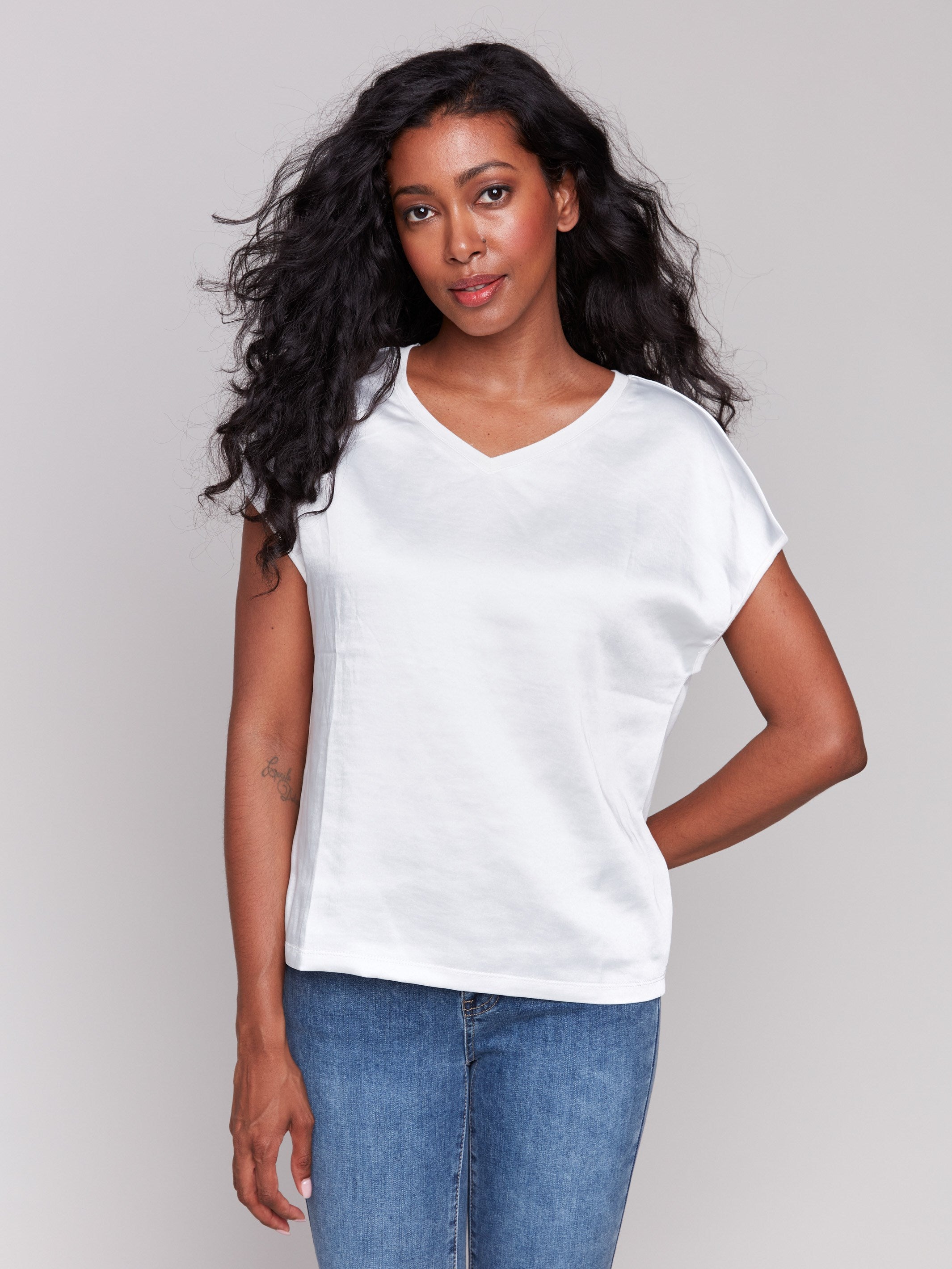 Natural satin V-neck top with dolman sleeves by Charlie B.