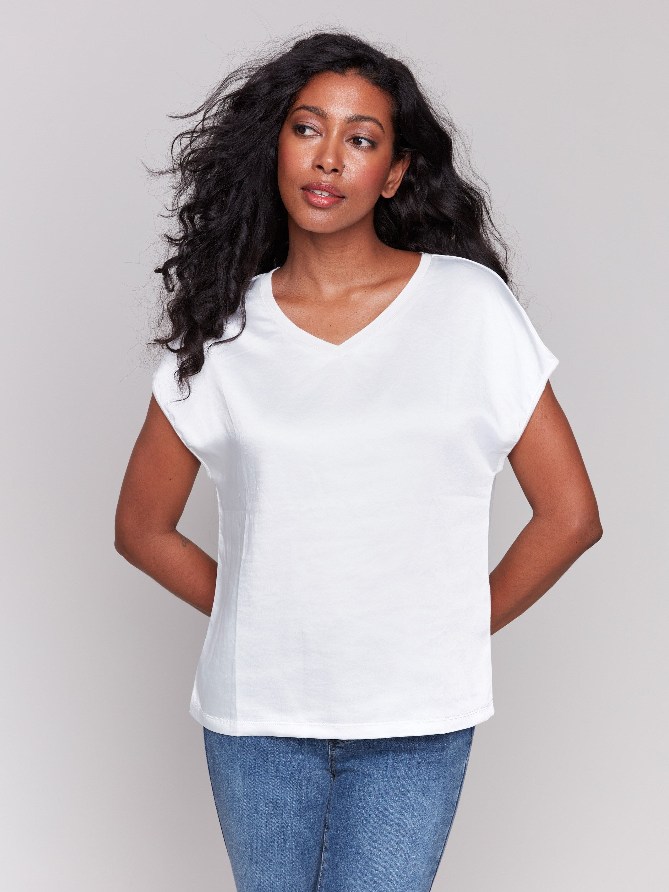 Natural satin V-neck top with dolman sleeves by Charlie B.